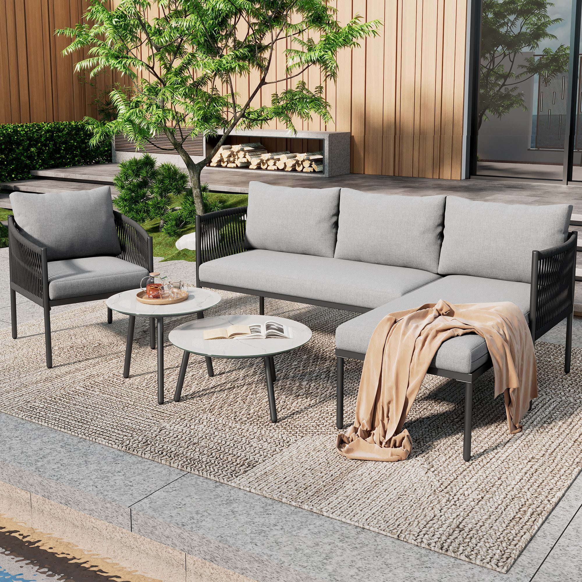 Flieks Gartenlounge-Set, 5-Sitzer Seil Gartenmöbel Ecksofa günstig online kaufen