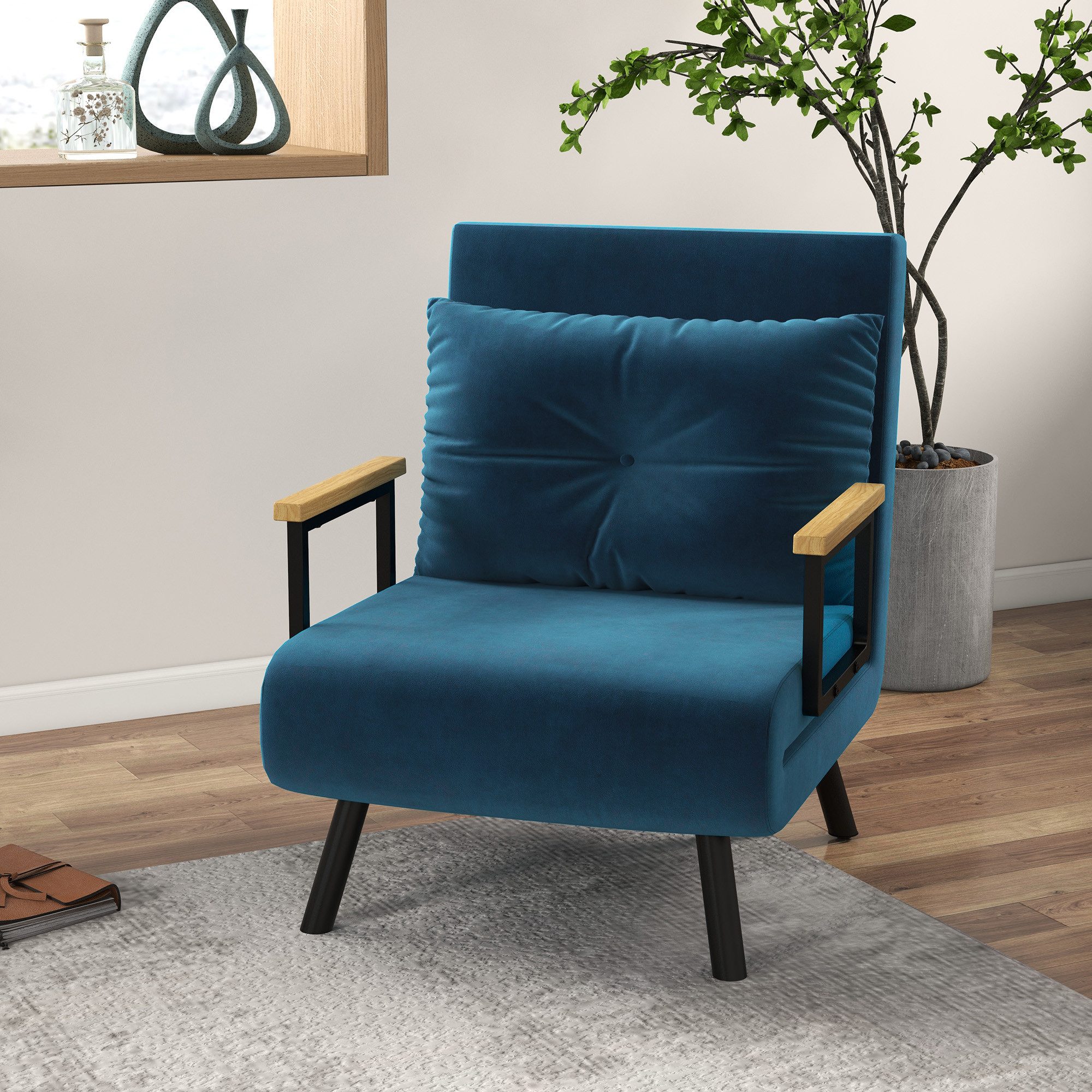 HOMCOM Schlafsofa Schlafsessel mit Schlaffunktion, Lendenkissen und Samtoptik, Verstellbare Sessel 1 Teile, 73 x 63 x 81 cm, Blau