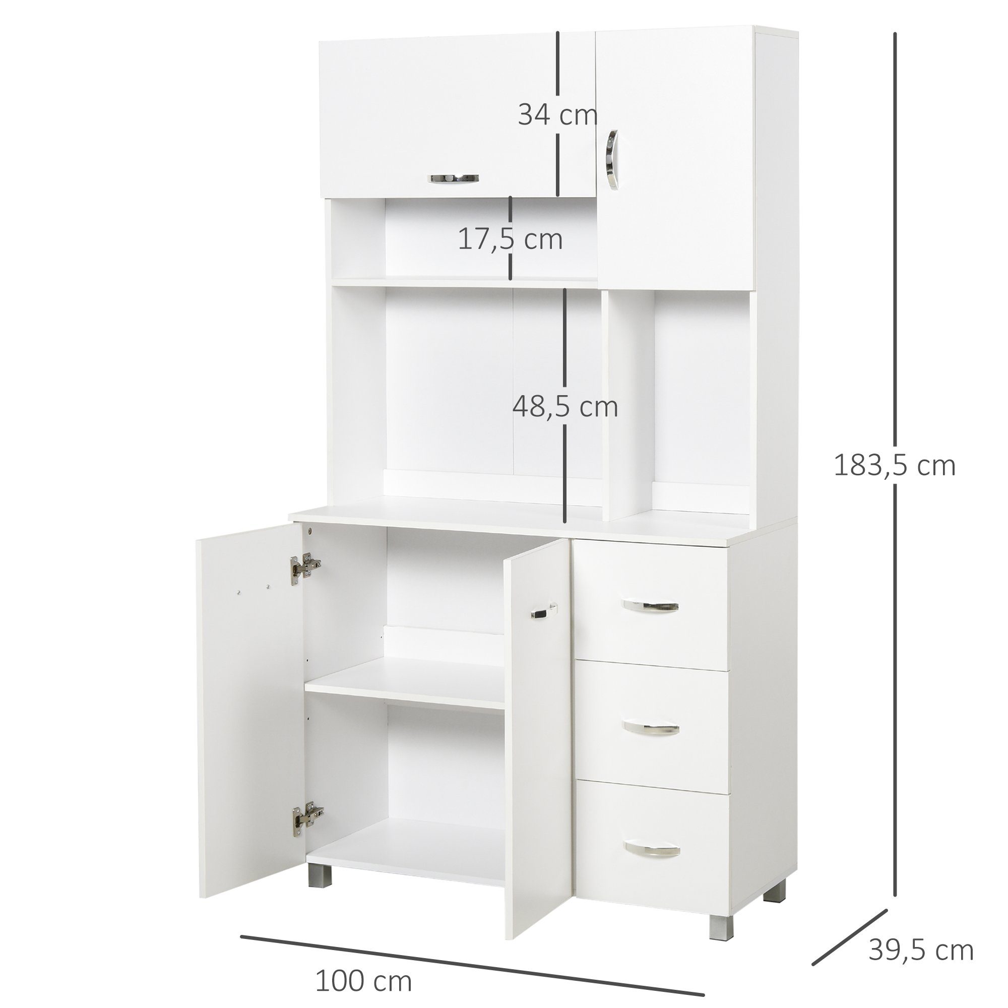 Ablagen verstellbaren Küchenschrank Kommode Weiß 3 mit HOMCOM Schubladen mit Küchenschrank Küchenbuffet