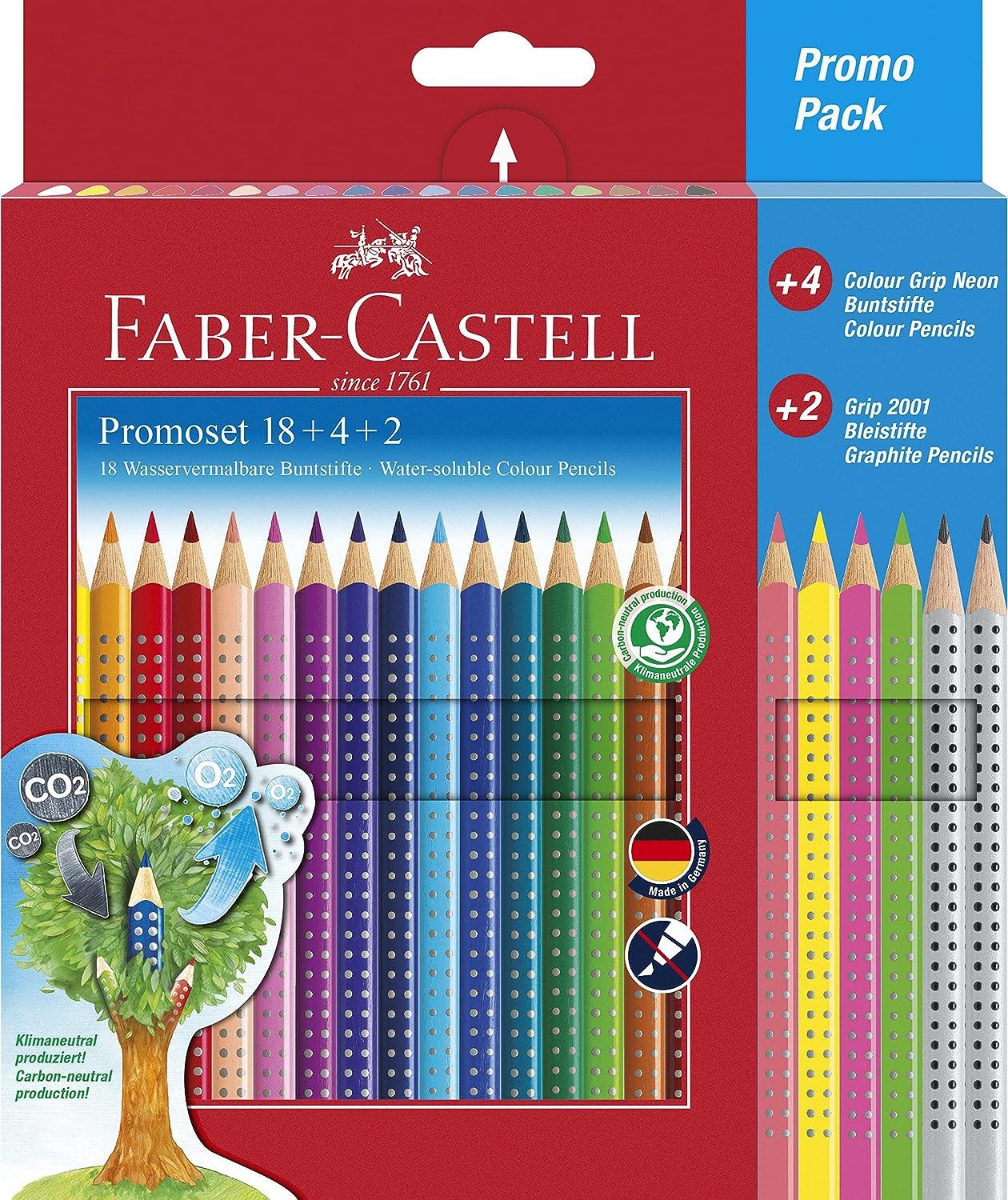Faber-Castell Buntstift Colour Grip Promoset, 18 Standardfarben, 4 Neon Color, 2 Grip Bleistifte