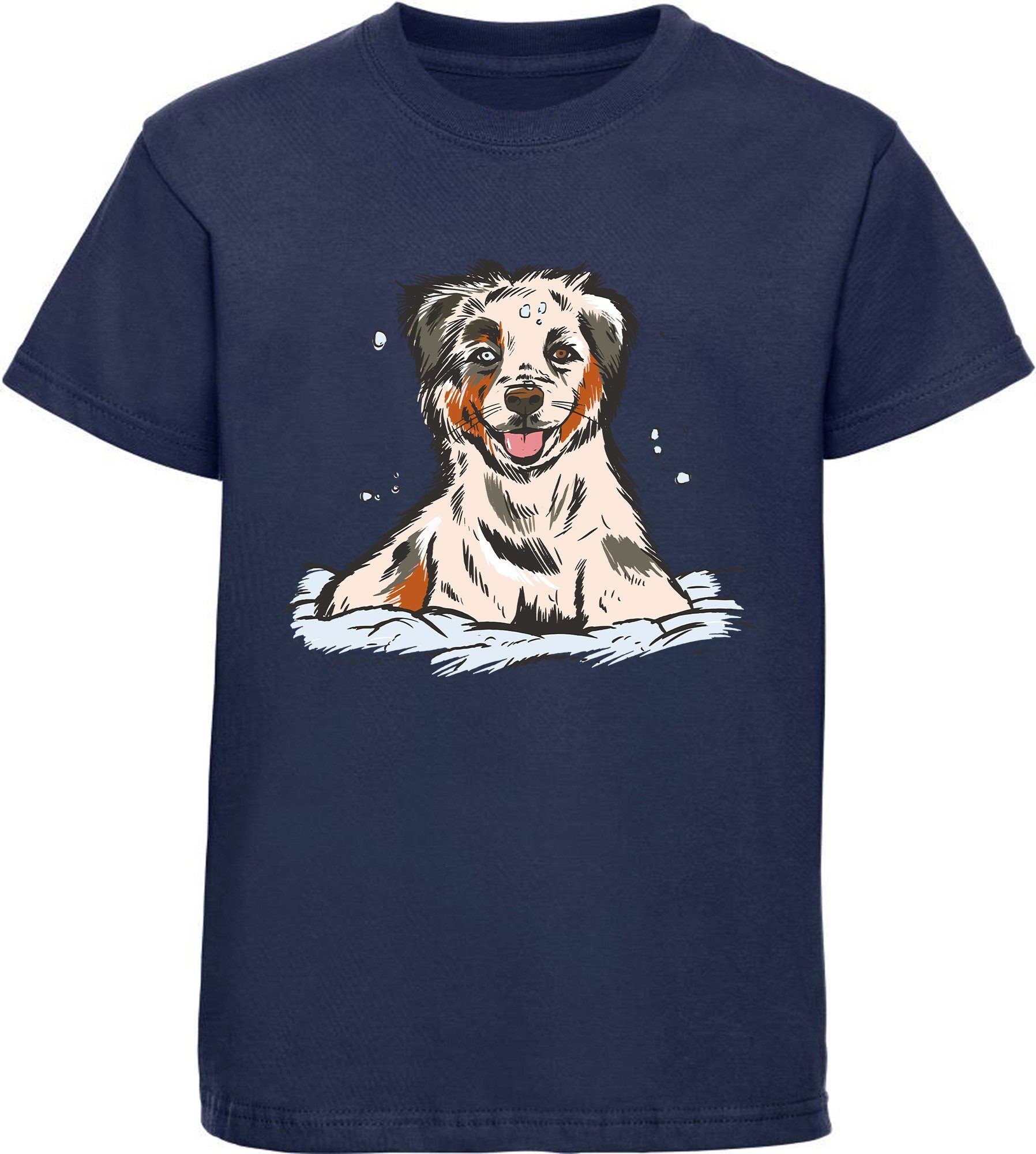 Print-Shirt mit Kinder Australian Shepherd navy Welpe und i216 Aufdruck, bedrucktes Jugend T-Shirt Baumwollshirt Hunde MyDesign24 blau