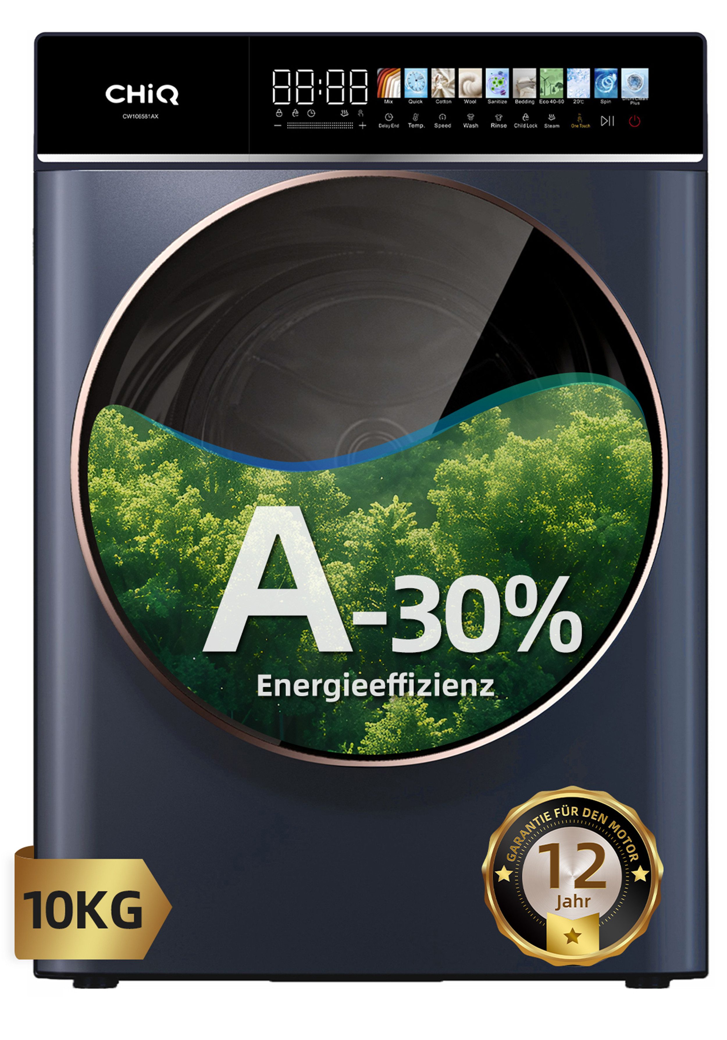 CHiQ Waschmaschine Frontlader CW106581AX, 10 kg, 1400 U/min, LED-Touchscreen, EEK A-10%, 12 Waschzyklen Speed Wash