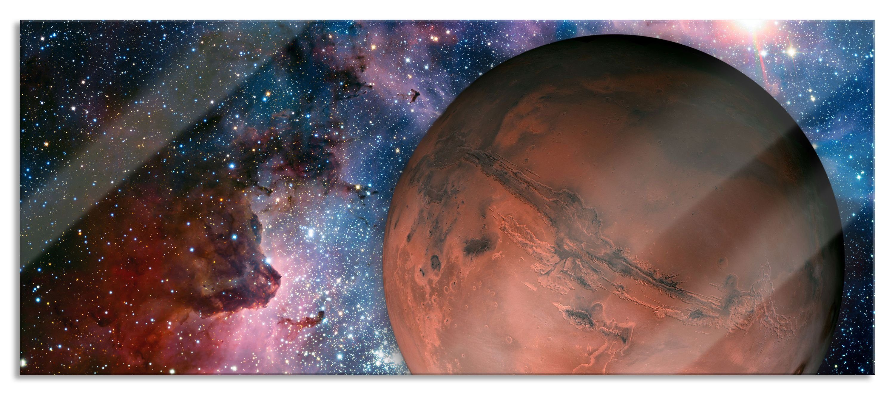 im St), Weltall inkl. Mars Pixxprint Aufhängungen Abstandshalter im und (1 Weltall, Mars Echtglas, Glasbild Glasbild aus