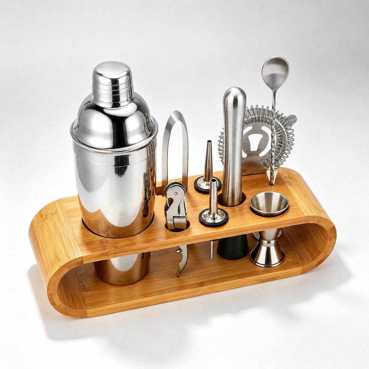 GLIESE POWER Cocktail Shaker 10-teiliges Cocktail-Set 304-Edelstahl mit Bambusständer für Hausbar, Edelstahl, (Set, 10-tlg., Messbecher, Löffel, Ausgießer, Rührstab, Zange, Shaker, Flaschenöffner), 750 ml Shaker