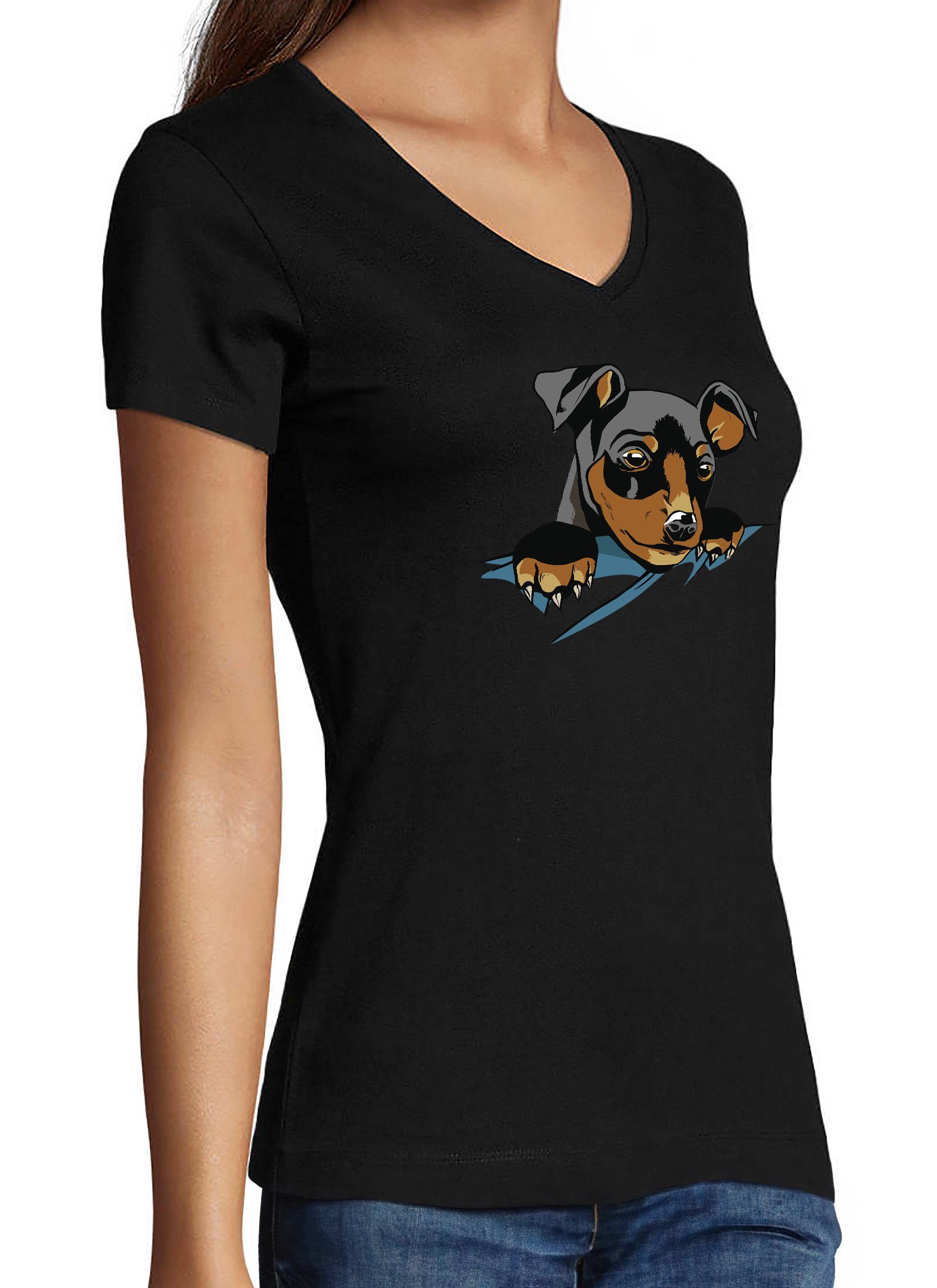 bedruckt mit Süßer MyDesign24 V-Ausschnitt Slim Fit, T-Shirt Damen Print Shirt Aufdruck, Hunde - schwarz Baumwollshirt i227 Hundewelpe