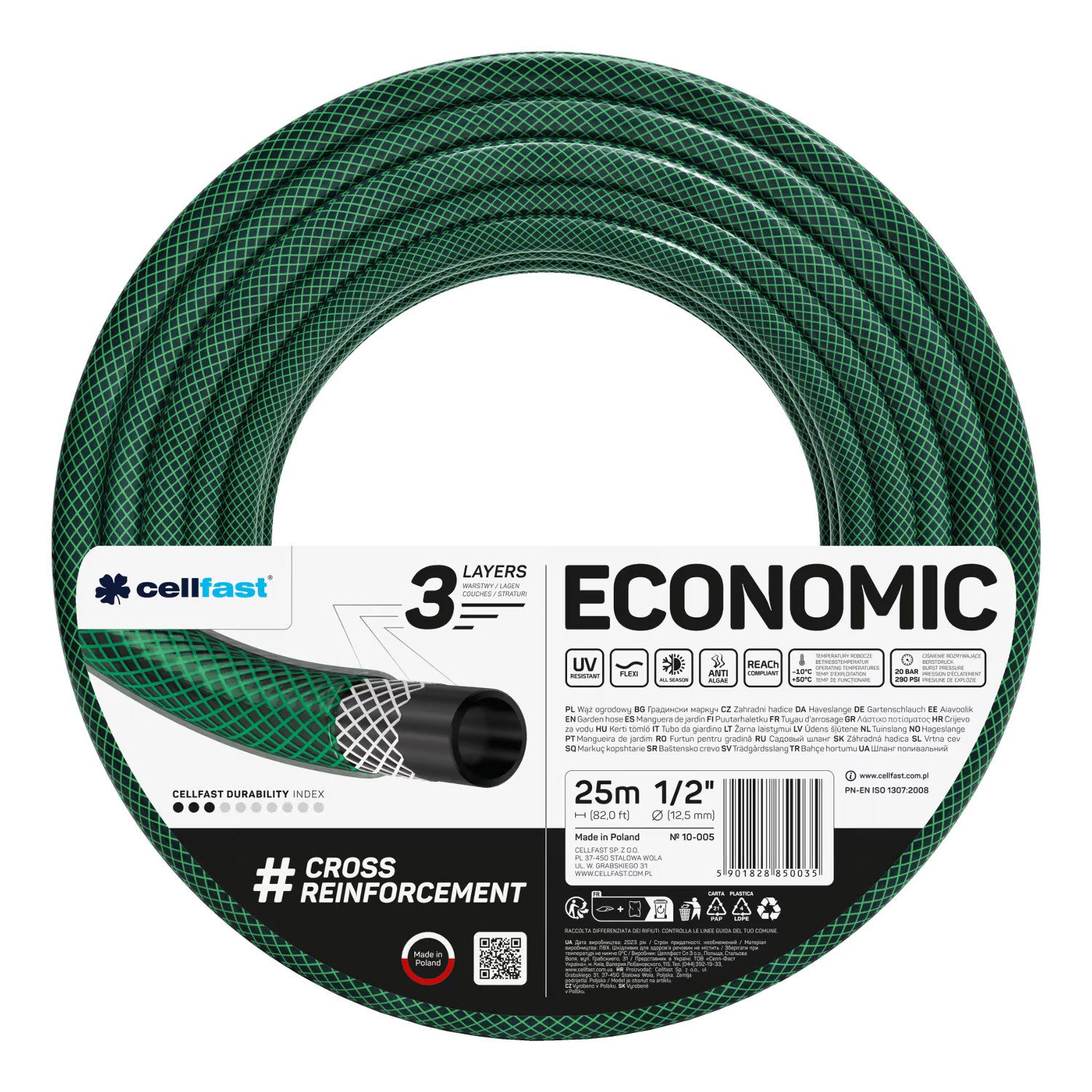 Cellfast Gartenschlauch Economic-Schlauch 1/2'' 25 m Aufhänger mit Sprühkopf, Set mit Basic 1/2" Sprühdüse