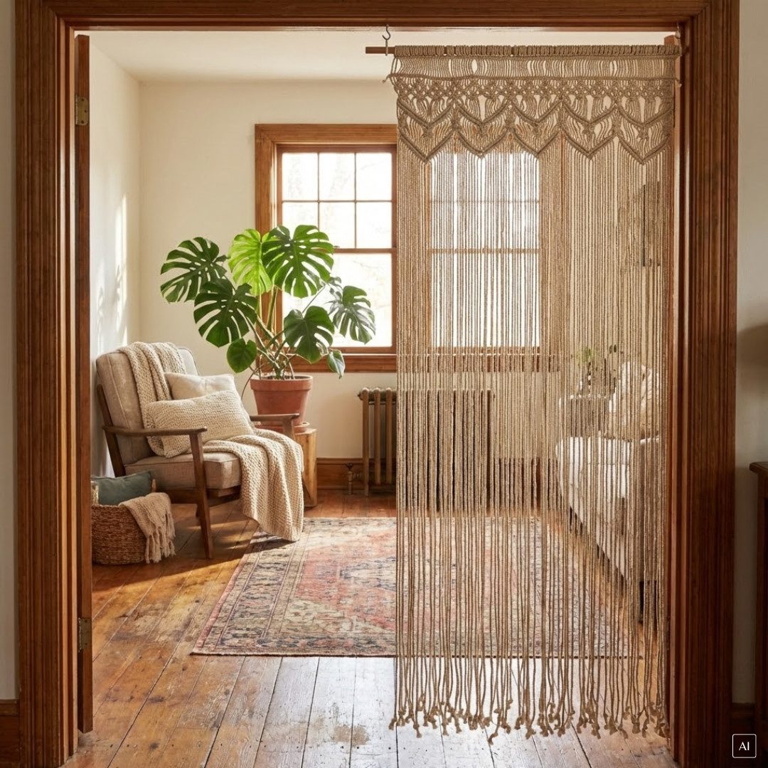 abc HOME Türvorhang Makramee Baumwolle 90x200cm – Boho-Sichtschutz handgeknüpft