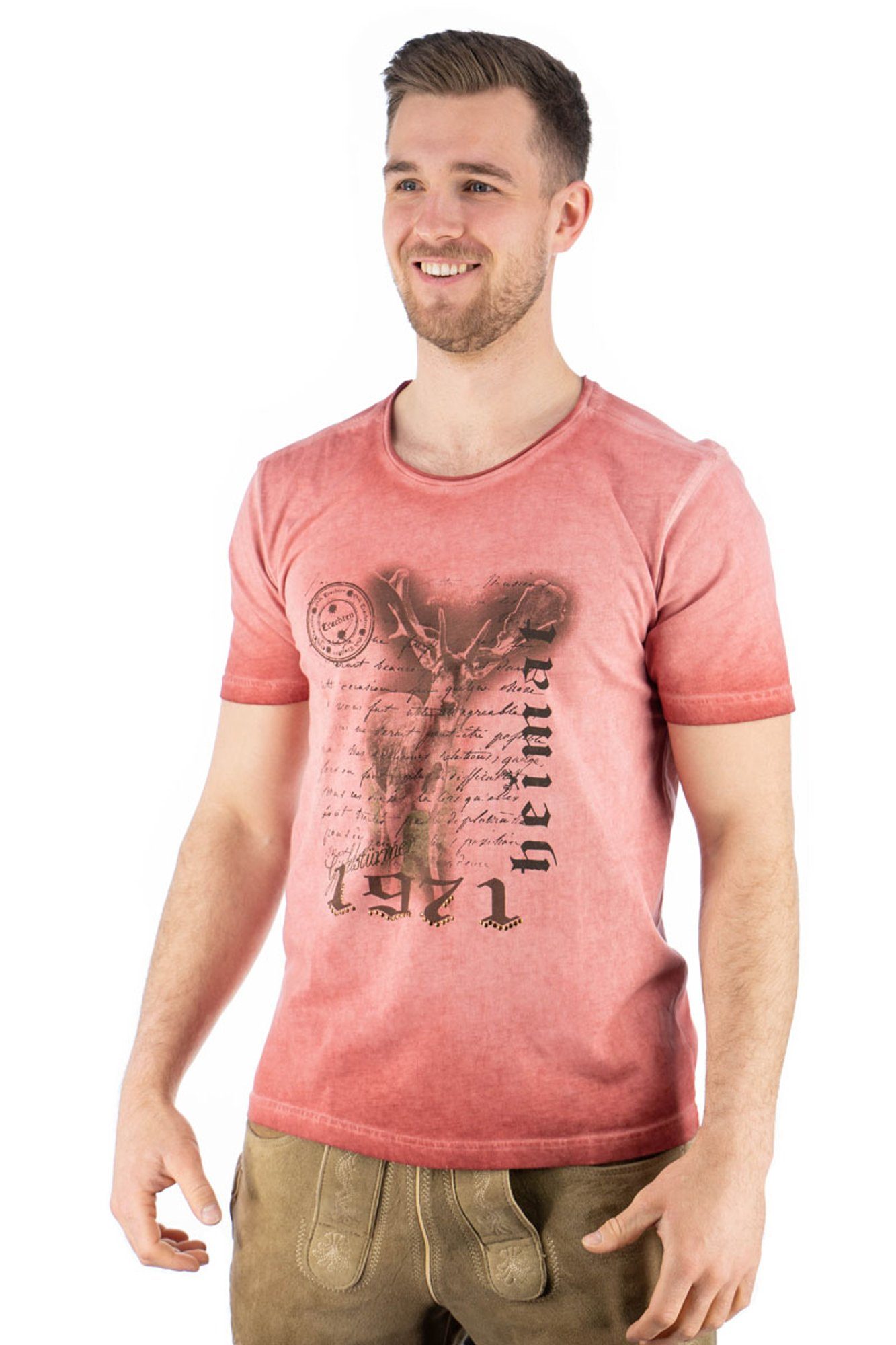 T-Shirt Kurzarm mit Ofapuo weinrot OS-Trachten Motivdruck Trachtenshirt