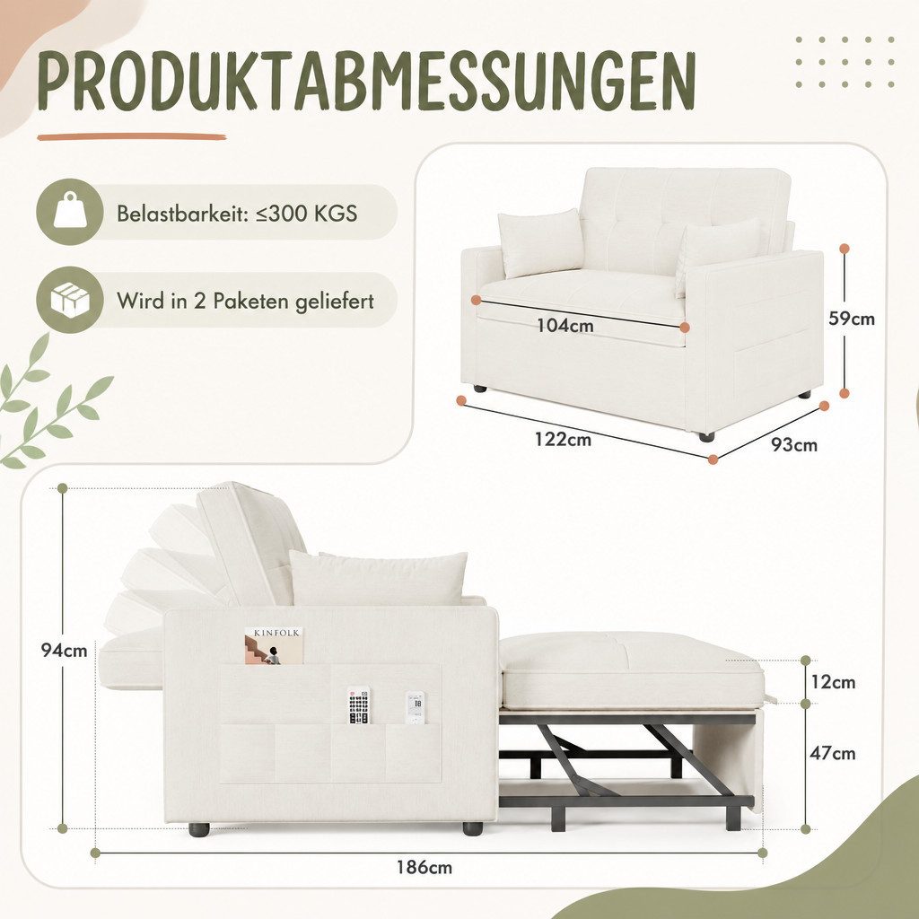 AMERLIFE Schlafsofa mit 5-stufiger Verstellung, 3-in-1, Dunkelgrau, 1 Teile, Verstellbare Kopfstütze