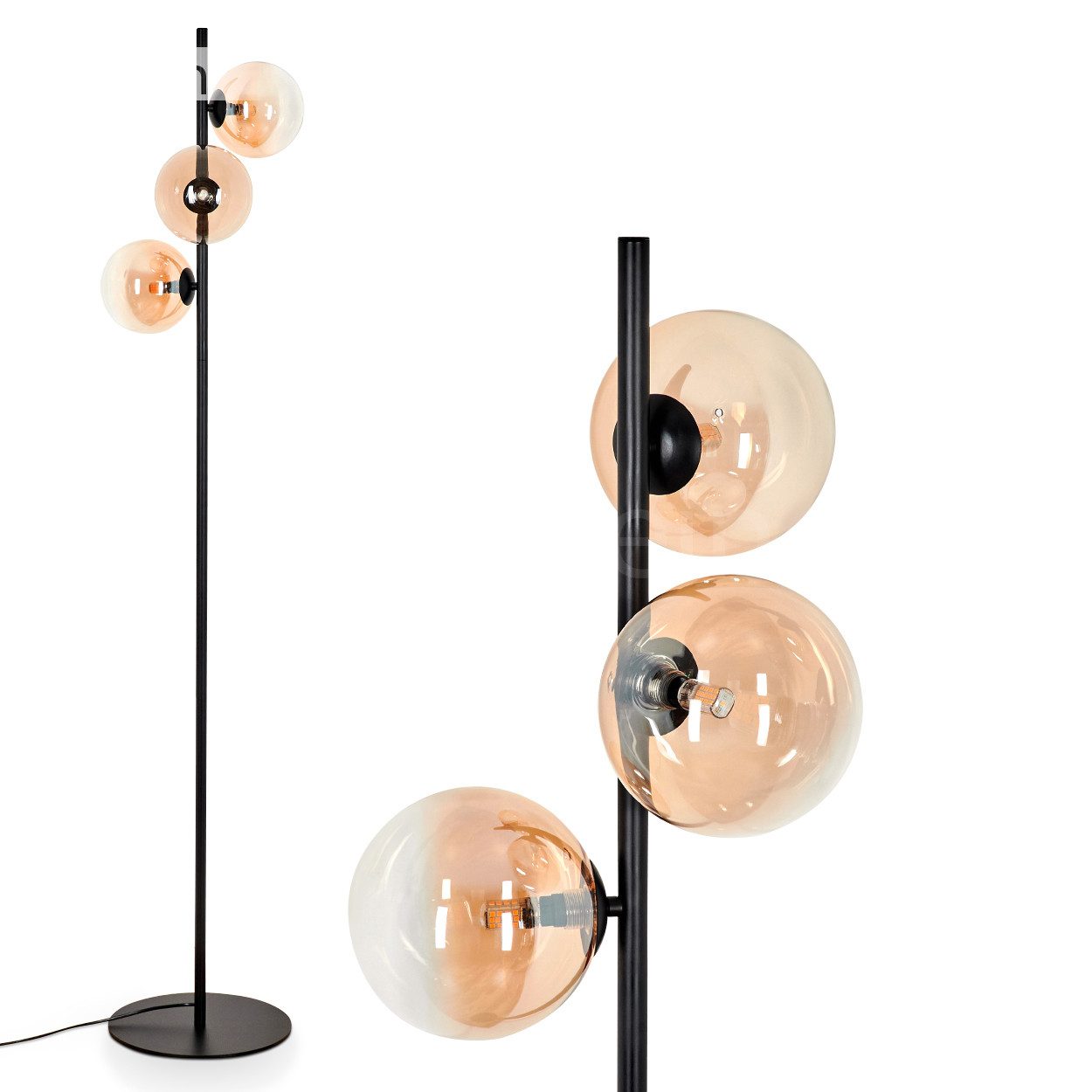 Stehlampe Stehlampe aus Metall/Glas in Schwarz/Bernstein/Klar