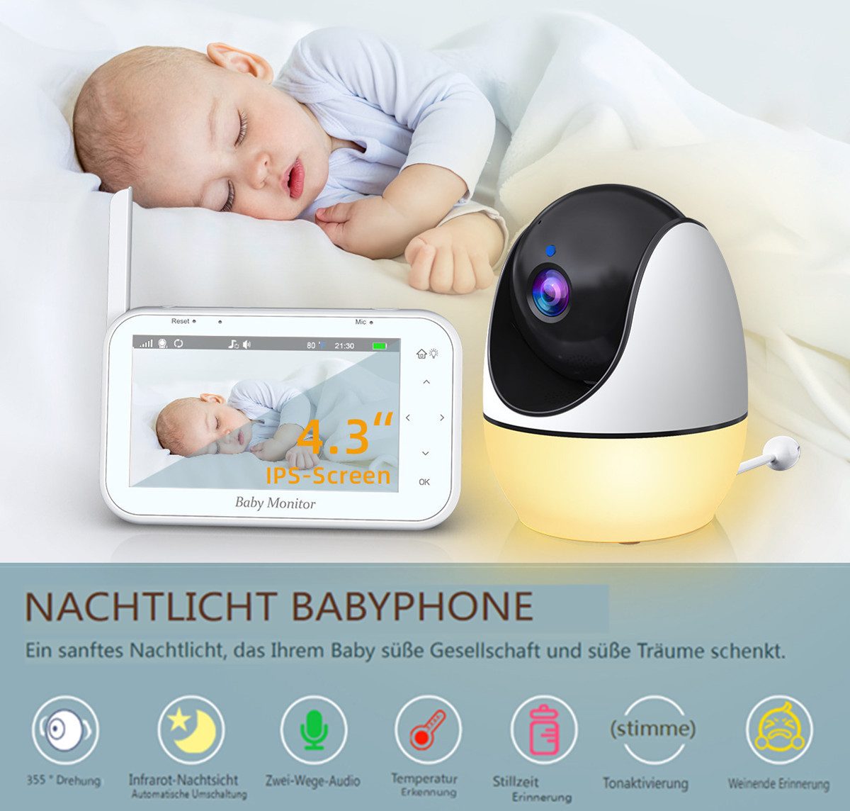 Insma Babyphone 720P HD Kamera mit 4,3 Zoll Baby Monitor Nachtsicht, Zwei-Wege-Audio, mit 8 Schlaflieder, Baby Überwachung, Kein WLAN oder App erforderlich