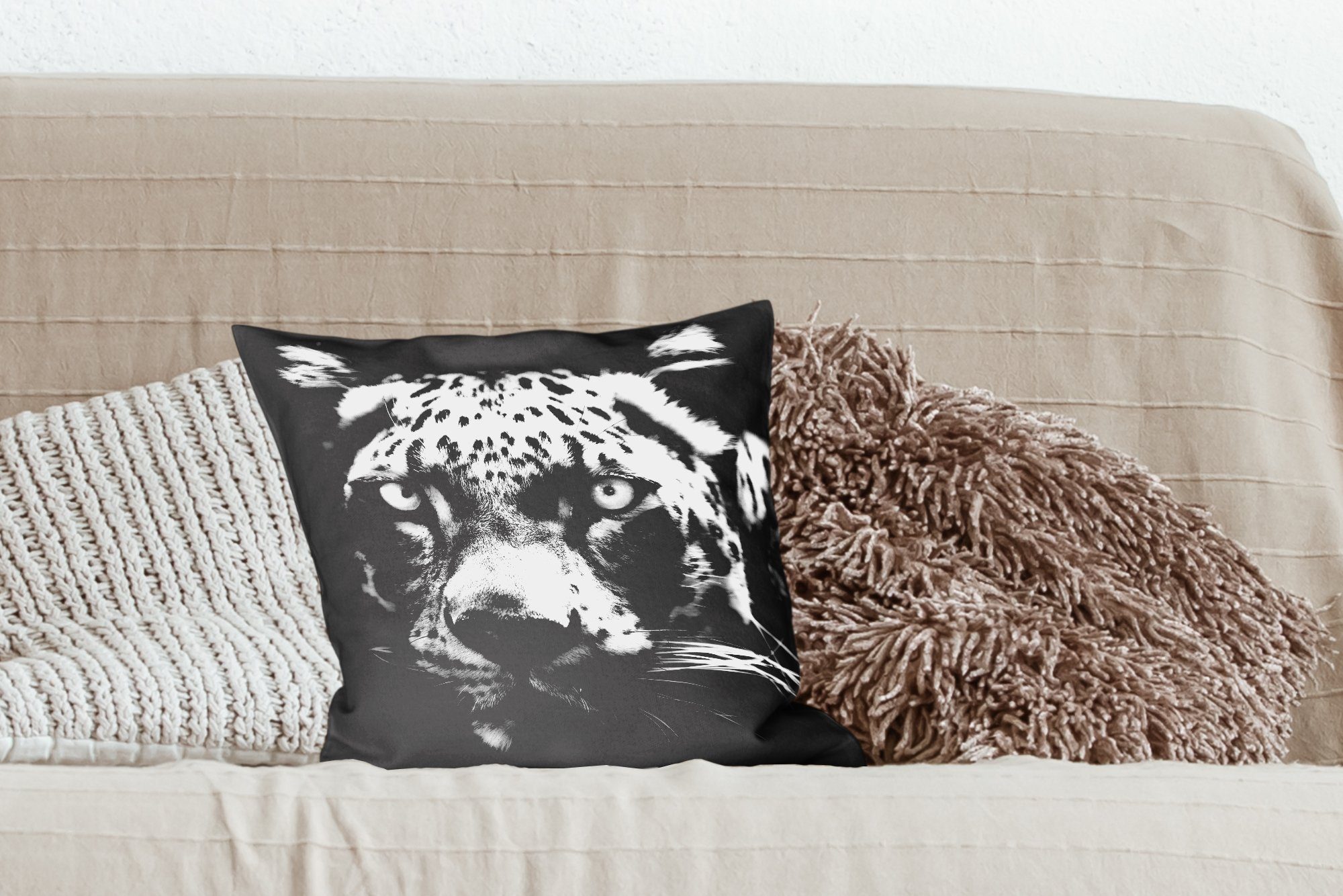 Wohzimmer, Dekokissen Schlafzimmer, und in weiß, mit Deko, Persischer Tierprofil Sofakissen für MuchoWow Füllung Panther Zierkissen schwarz