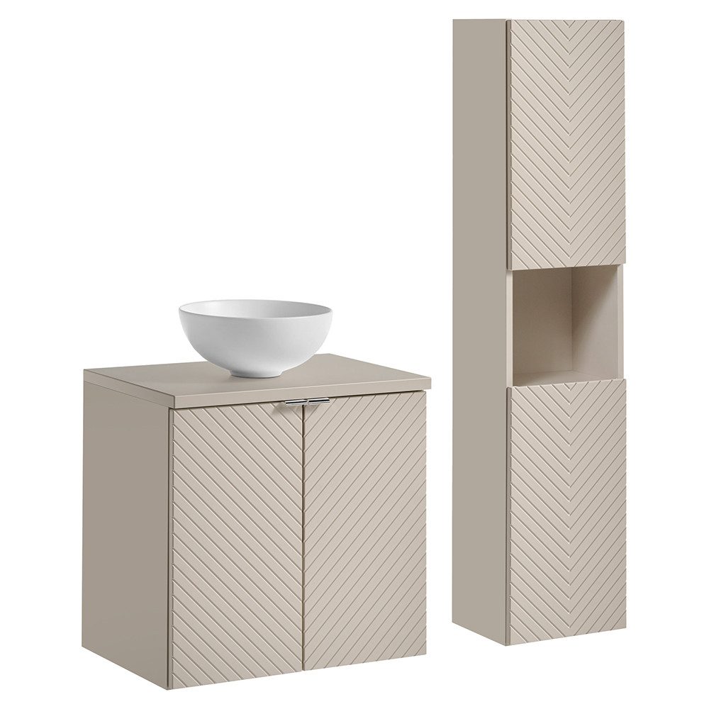Lomadox Badmöbel-Set VERACRUZ-56, (Spar-Set, 2-St., Waschtisch Hochschrank), 60cm mit Aufsatzwaschbecken, kaschmir, gerillte Front