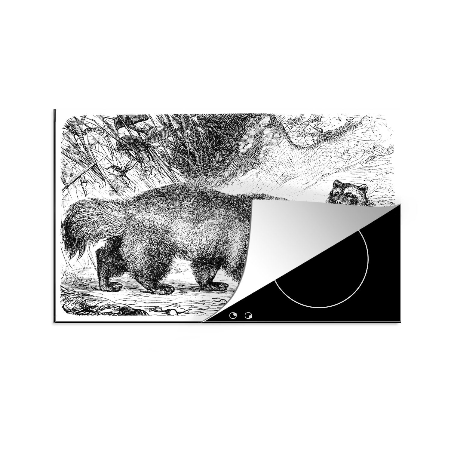 MuchoWow Herdblende-/Abdeckplatte Eine Illustration von zwei Vielfraßen in schwarz-weiß, Vinyl, (1 tlg), 83x51 cm, Ceranfeldabdeckung, Arbeitsplatte für küche