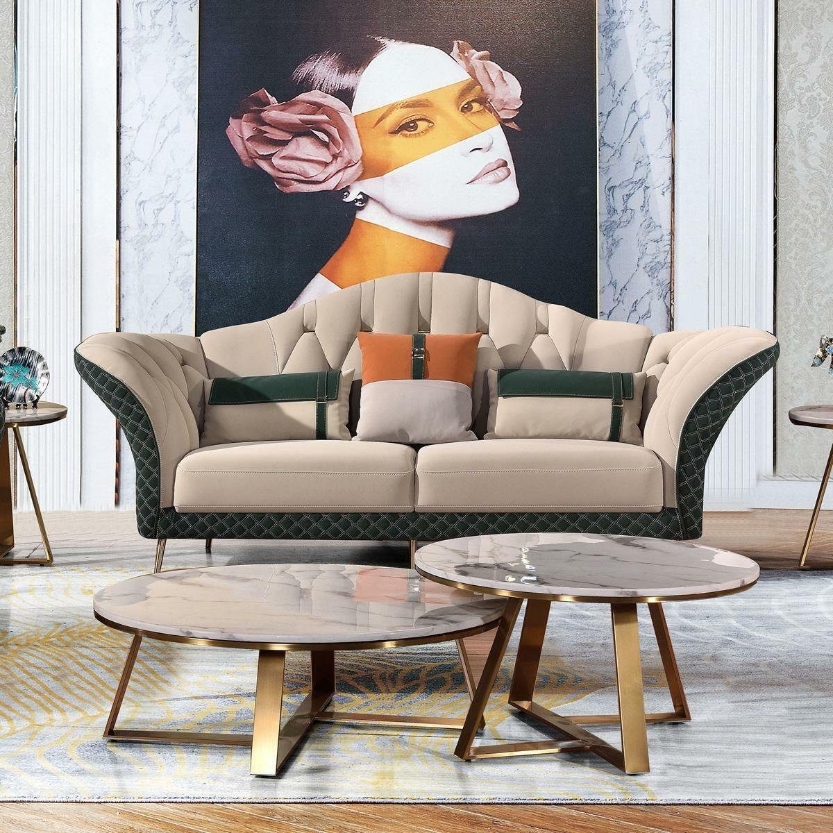 (6-St) Polster 5tlg. Couch Beige/Grün JVmoebel Garnitur Designer Couchtisch, Leder Garnituren Sofa Wohnzimmer-Set