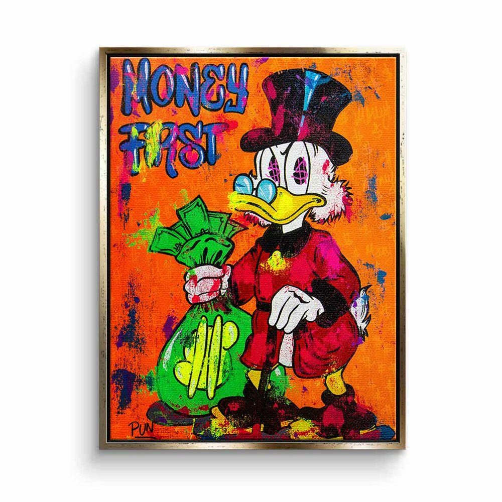DOTCOMCANVAS® Leinwandbild, Leinwandbild Comic Dagobert Duck money first Scrooge McDuck orange Bür goldener Rahmen