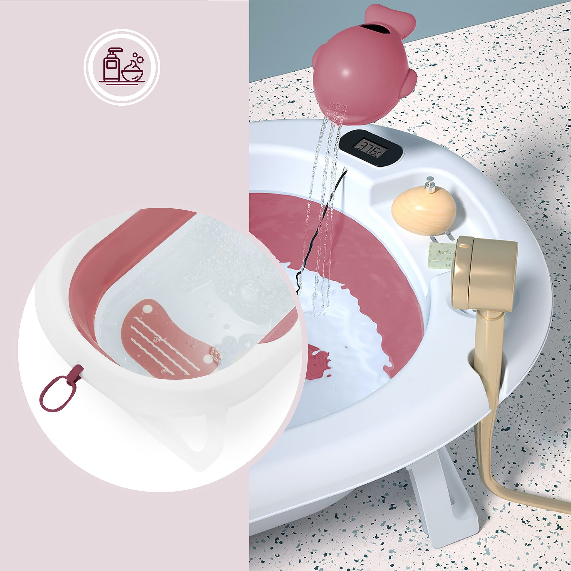Moby-System Babybadewanne Faltbare Babybadewanne mit Thermometer - Altrosa