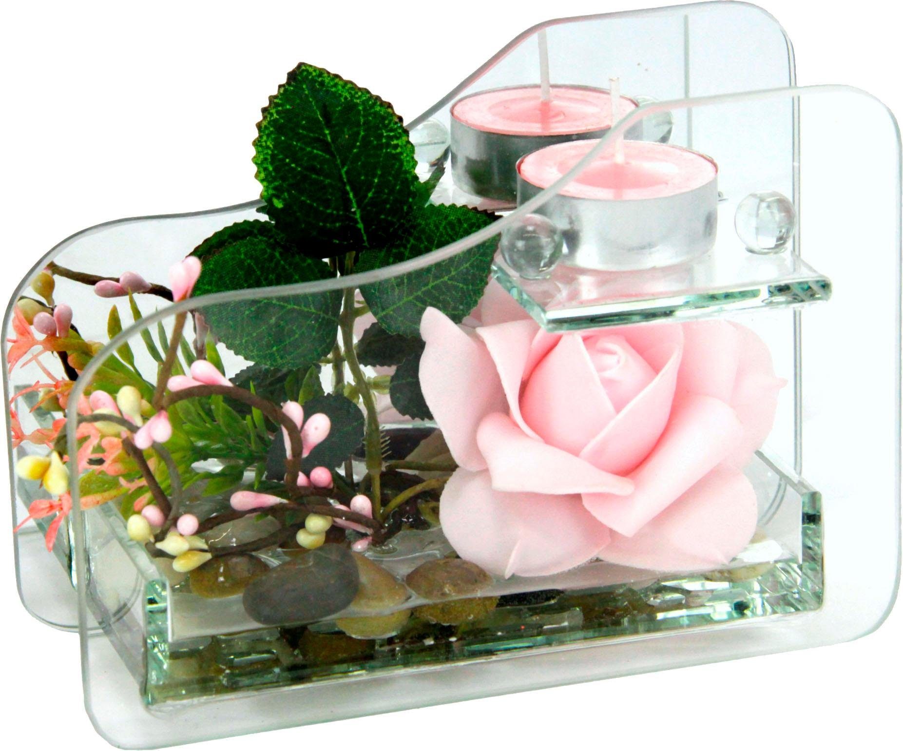 Kunstpflanze Rose im Glas mit Teelicht