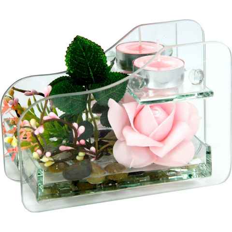Kunstpflanze Rose im Glas mit Teelicht Rose, I.GE.A., Höhe 11 cm