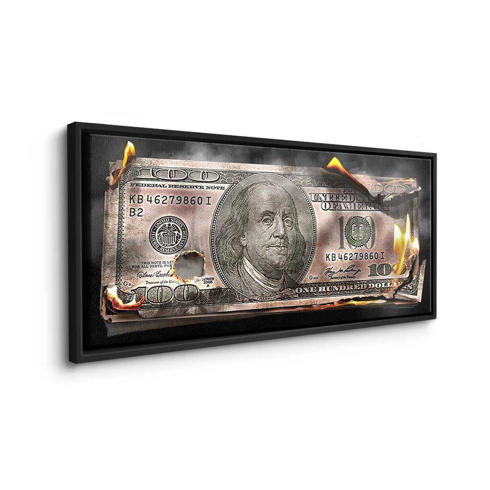 Moneymaker Wandbild- Leinwandbild, Dolllar Premium DOTCOMCANVAS® schwarzer Bill Rahmen 100 - Burning