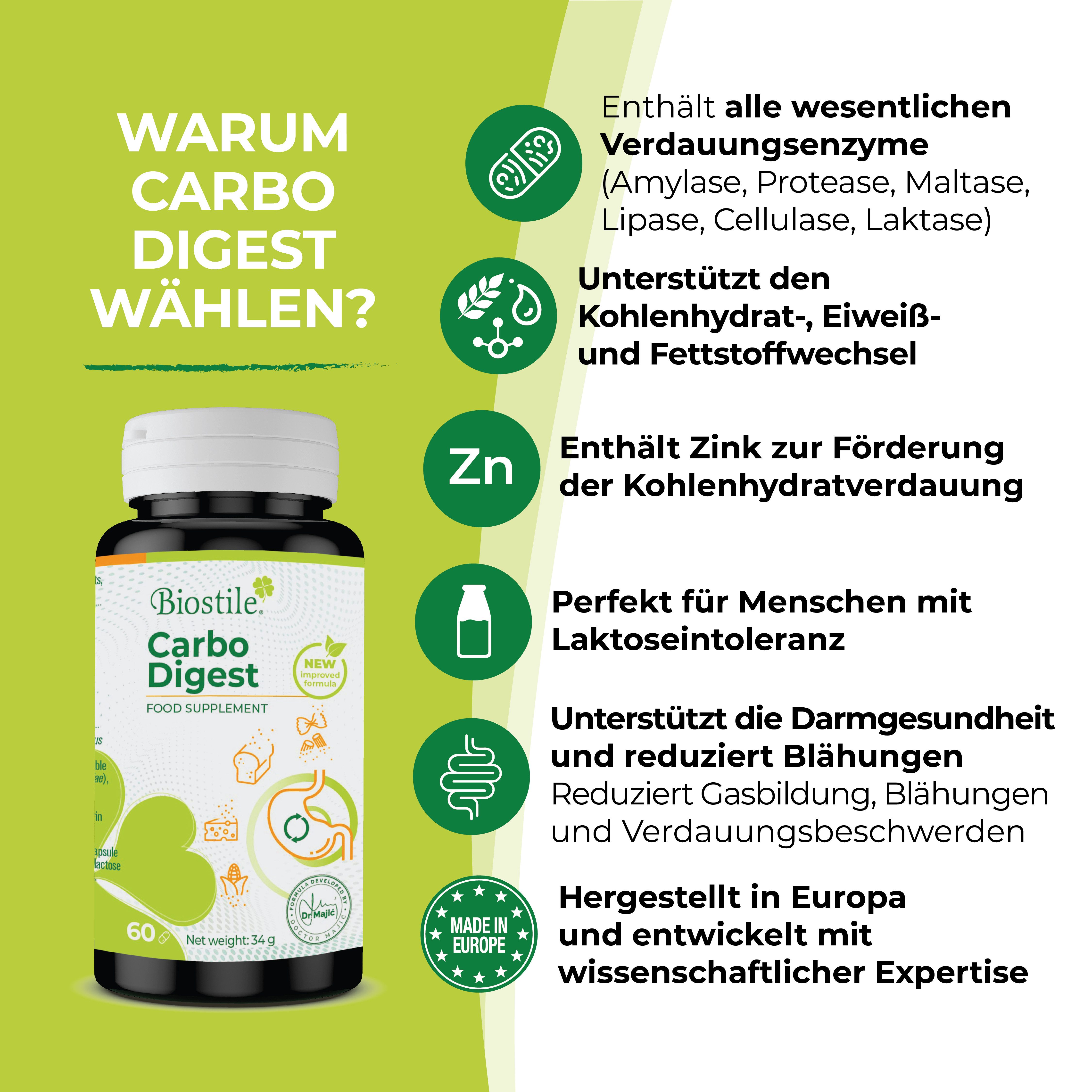 Biostile Enzym Komplex mit Laktase für Darm und Verdauung, Kapseln, 34 g, Mit 6 Verdauungsenzymen, Zink, 60 pflanzlichen Kapseln