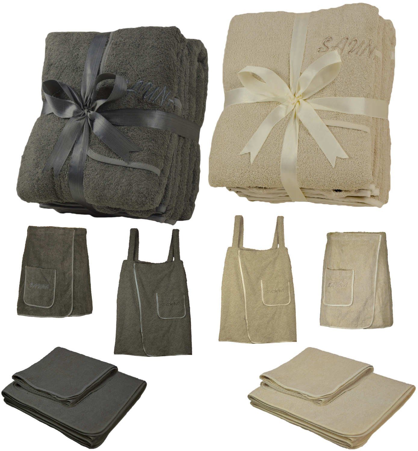 EXKLUSIV HEIMTEXTIL Saunatuch Sauna Set 3-Teilig Frottee Saunakilt Saunatuch, Frottee (3-St), Klettverschluss, dehnbarer Bund, aufgesetzte Tasche mit „Sauna“ Stickerei dunkelgrau