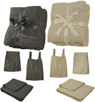 EXKLUSIV HEIMTEXTIL Saunatuch Sauna Set 3-Teilig Frottee Saunakilt Saunatuch, Frottee (3-St), Klettverschluss, dehnbarer Bund, aufgesetzte Tasche mit „Sauna“ Stickerei