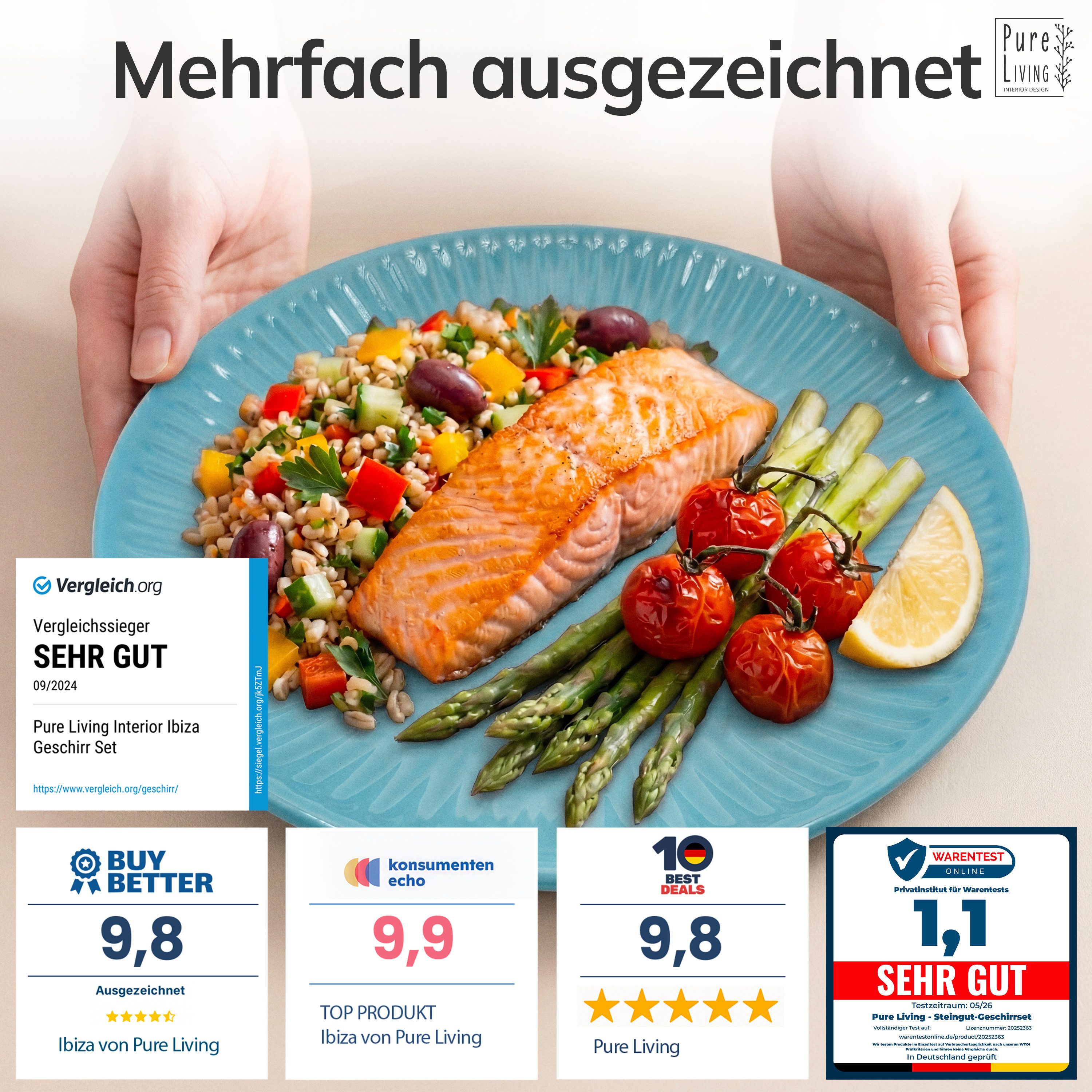 PURE LIVING INTERIOR DESIGN Geschirr-Set Hygge Dessertteller, Frühstückteller, 6er-Set, 20 cm, Grün, 6 Personen, Steingut, Skandinavisches Design mit Riffelstruktur, Harmonische Farbgebung, Ma…