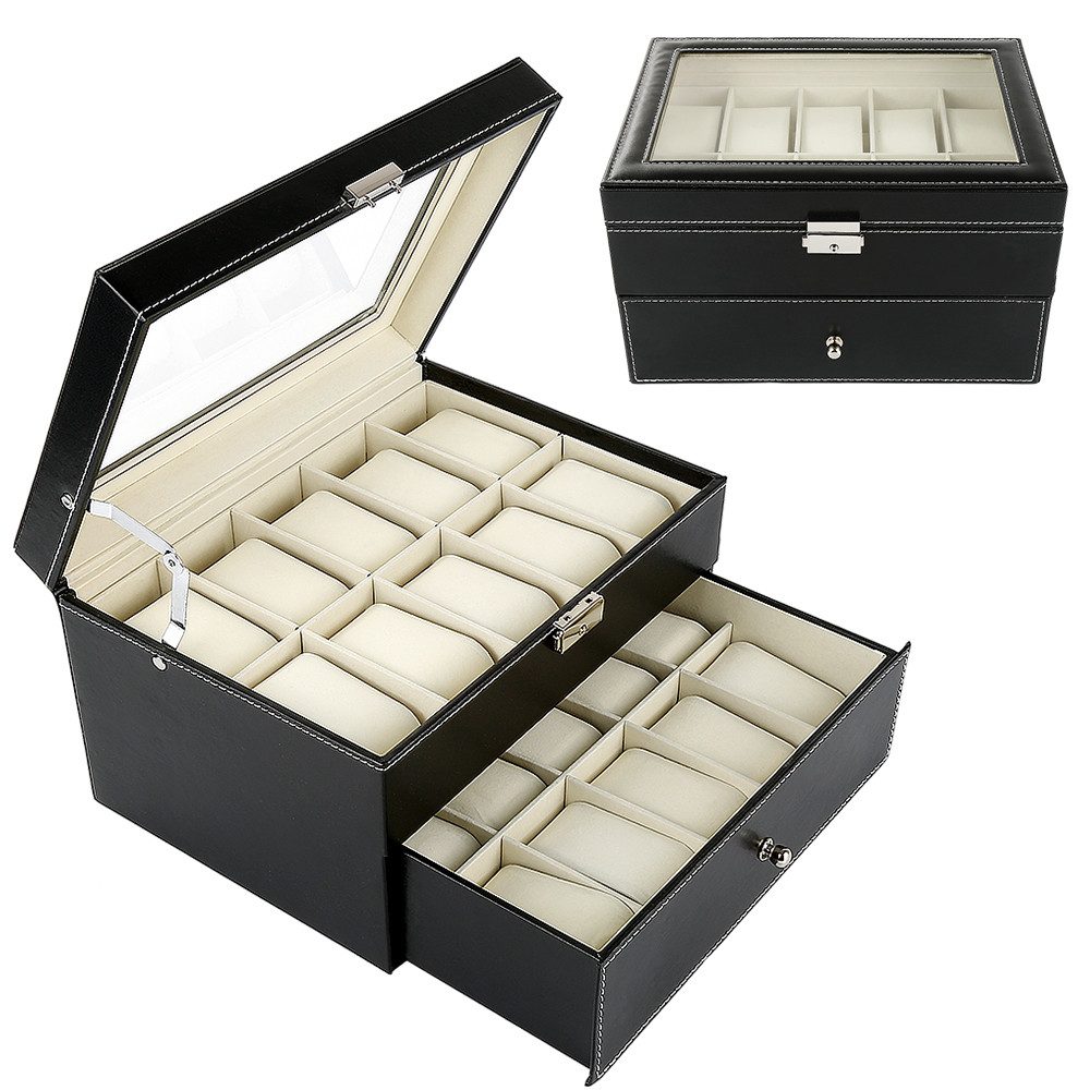 JEOBEST Geschenkbox Uhrenbox mit 20 Fächern, Uhrenkasten mit Glasdeckel, (1 St.,2 Ebenen) abnehmbare Polster, 1 Schublade