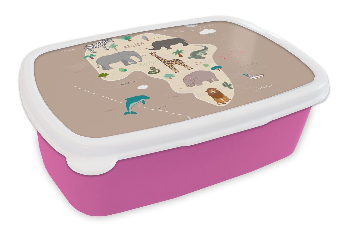MuchoWow Lunchbox Weltkarte - Kinder - Afrika - Tiere - Jungen - Mädchen, Kunststoff, (2-tlg), Brotbox für Erwachsene, Brotdose Kinder, Snackbox, Mädchen, Kunststoff rosa | Lunchboxen