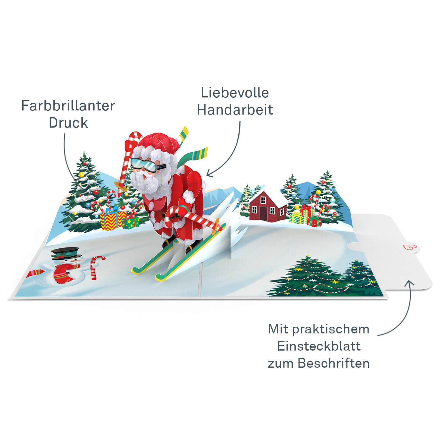 papercrush Weihnachtskarte Weihnachtsmann auf Skiern, Pop-Up Karte Weihnachten, Handgemacht, Lasergeschnitten, Pop-Up