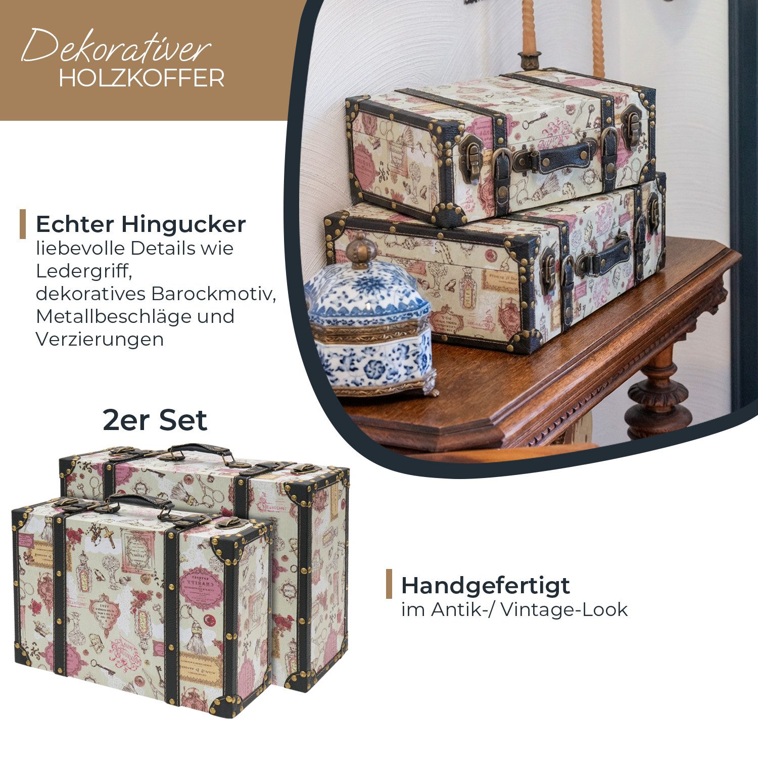 HMF Aufbewahrungsbox Handgefertigter Vintage Koffer aus Holz, Deko Koffer (versch. Größen), Geschenkkoffer im Barock Design
