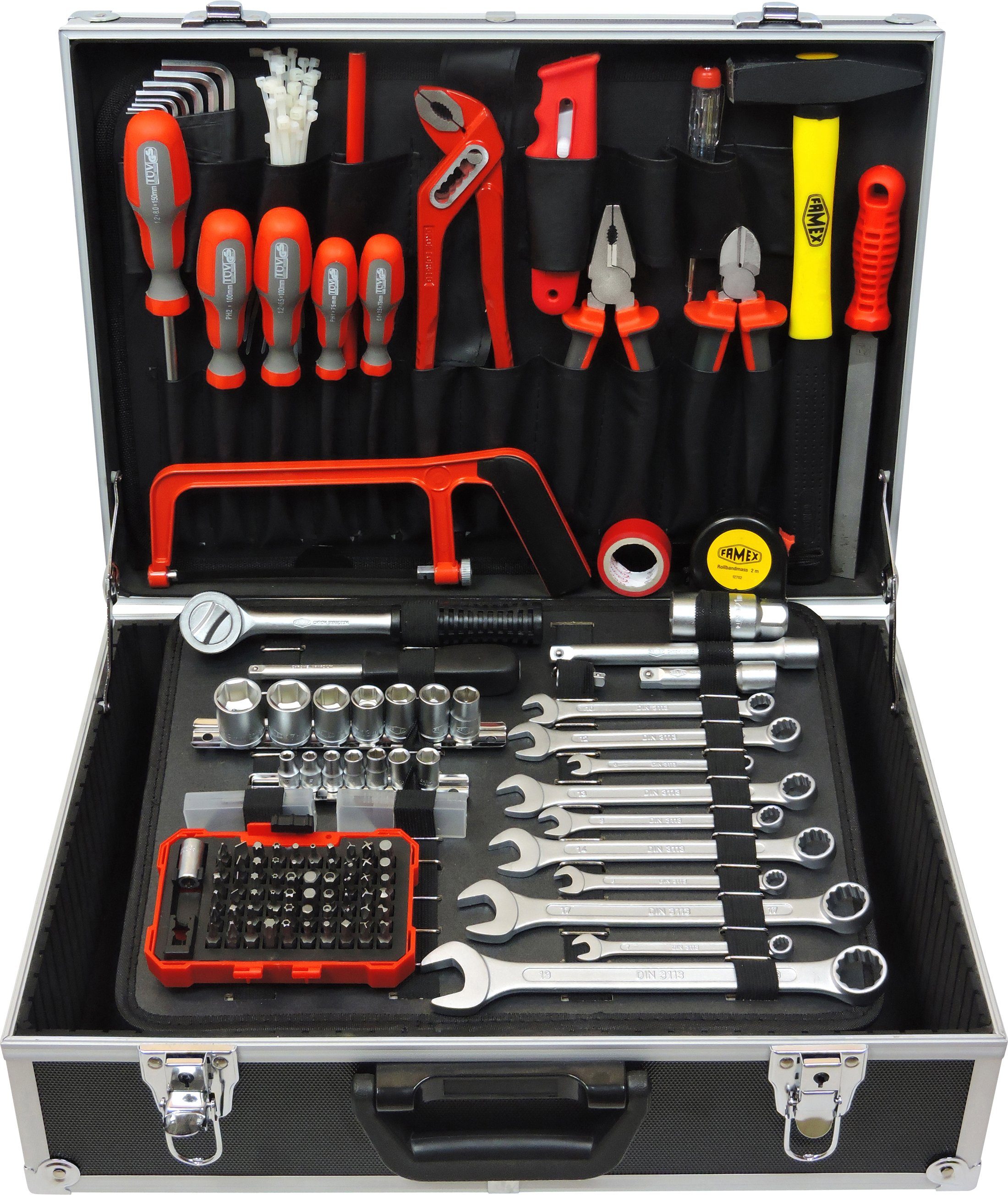 FAMEX Werkzeugset 758-63 gefüllt abschließbar 132-St), Werkzeug, (Werkzeug-Set, Werkzeugkoffer mit