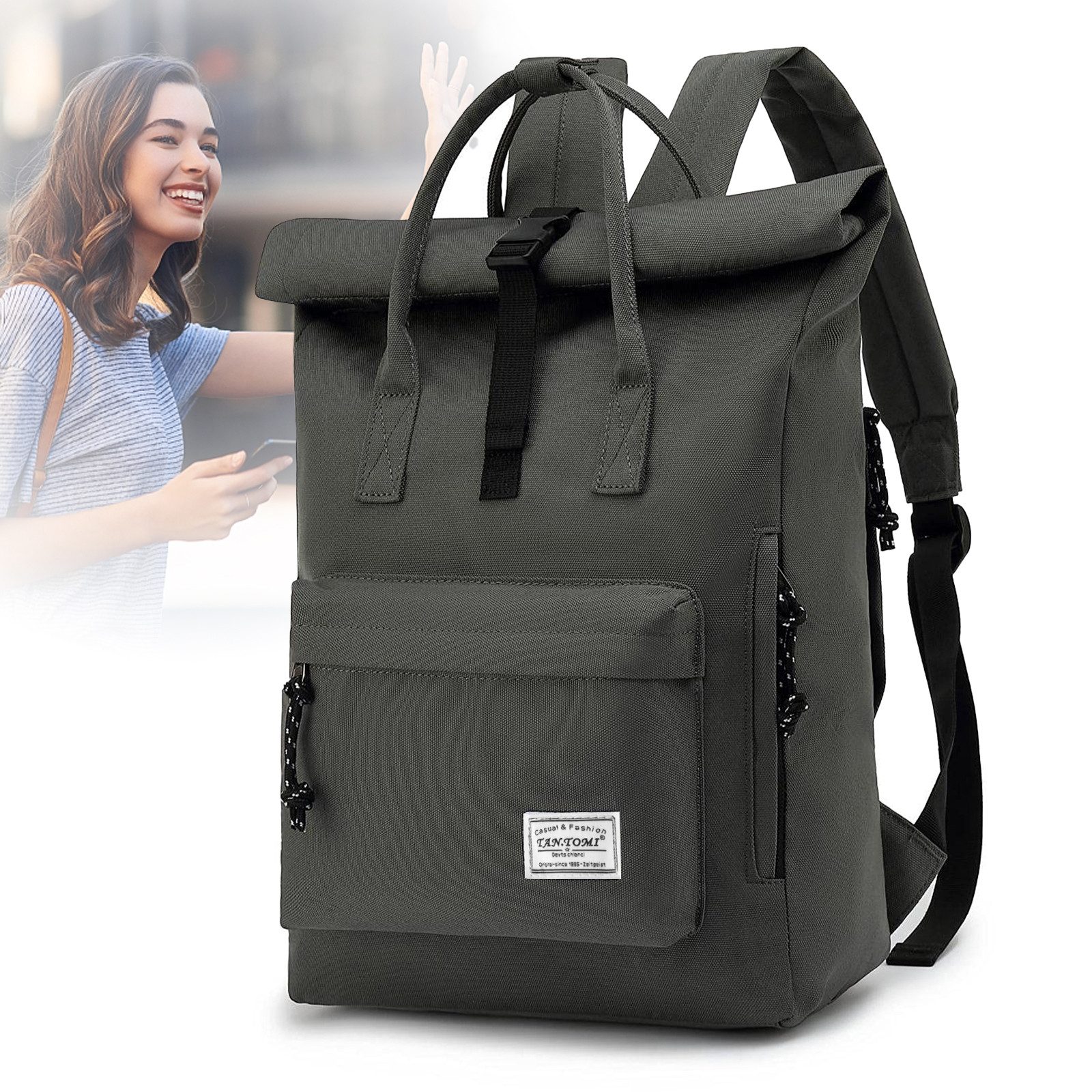 TAN.TOMI Cityrucksack Rucksack Damen Herren Tagesrucksack mit Laptopfach, Modern Rolltop Rucksack Daypack, Wasserabweisend