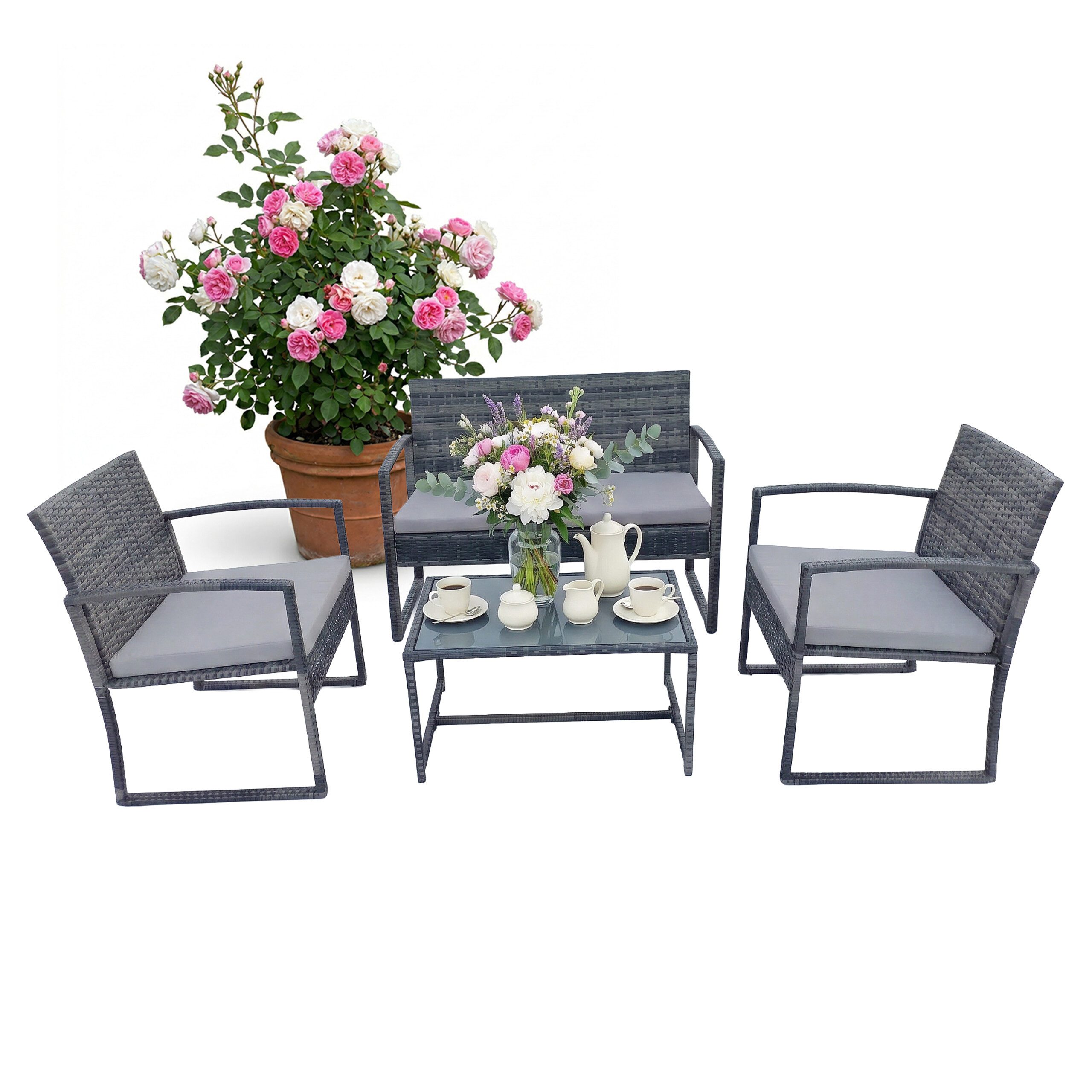 relaxdays Gartenlounge-Set 4-teiliges Gartenmöbel Set Rattan, (4-tlg), grau