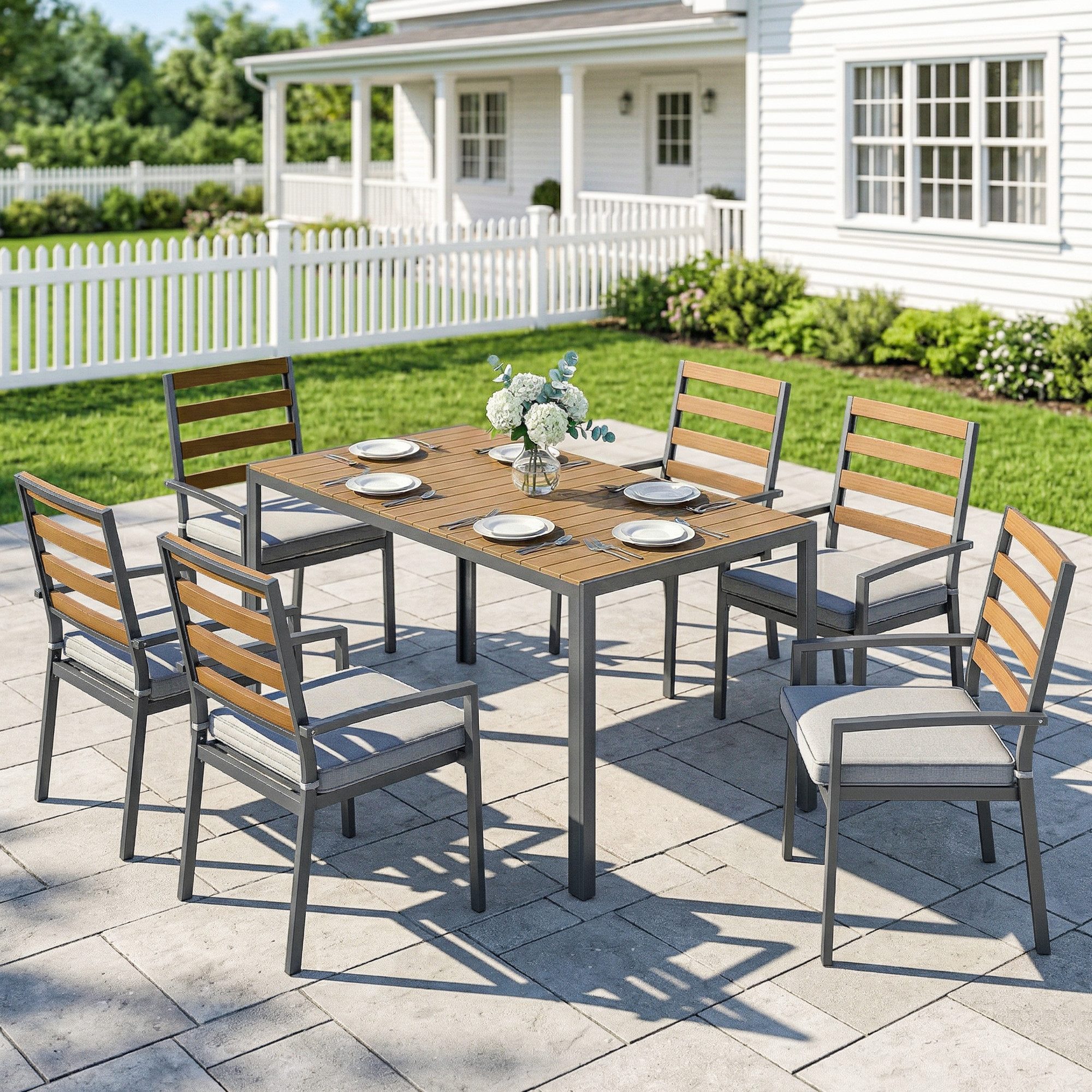 Outsunny Garten-Essgruppe Gartengarnitur mit 1 Esstisch, 6 Stühlen, Sitzgarnitur mit Kissen, (Gartenmöbel-Set, 7-tlg., Sitzgruppe), für Terrasse, Naturholz