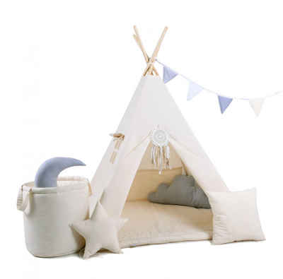 Rainbow Kids Tipi-Zelt Kinderzelt "Milchstraße" in Beige mit Zubehör, (8 tlg., mit 4 Kissen, Matte, Spielzeugkorb und Wimpelkette), Perfektes Spielzelt & Unterschlupf für Kinder, 110 x 110 x 160cm