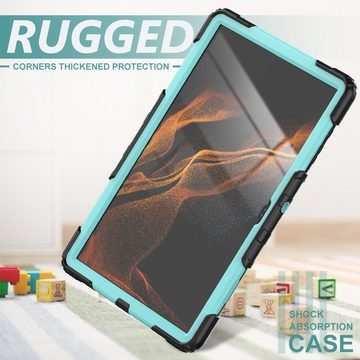 Wigento Tablet-Hülle Für Samsung Galaxy Tab S8 Ultra aufstellbare Outdoor Hybrid Hülle Hell Blau 360 Grad mit Trage Gurt Tablet Tasche Cover Case Schutz