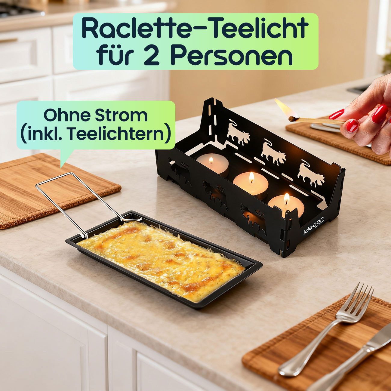 shop'n smile ideoon Raclette Faltbar Raclette-Teelicht Set Raclette mit Teelichtern Schaber, 1 Raclettepfännchen, klappbarer Griff, abnehmbare Käsepfanne, faltbar