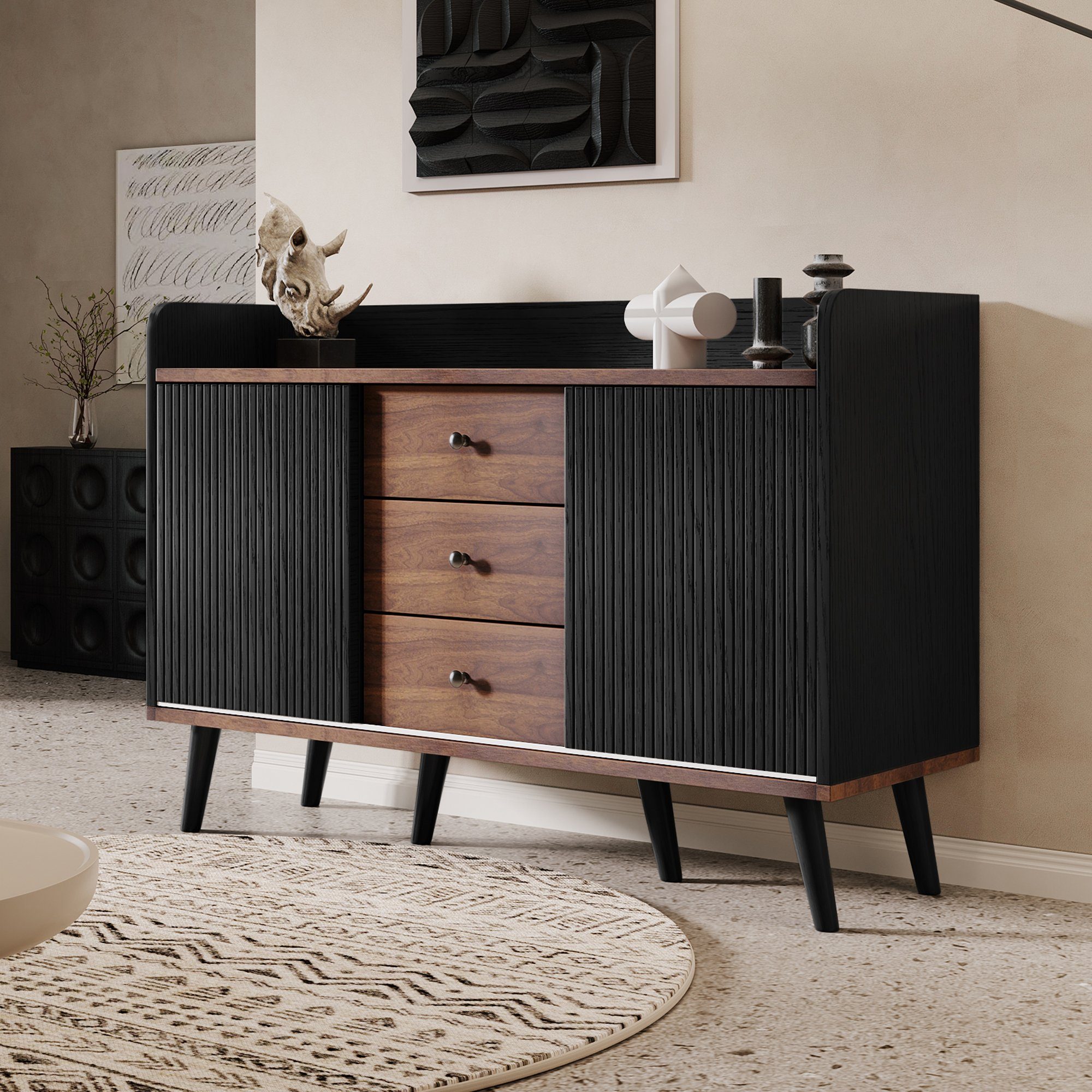 Odikalo Sideboard Aktenschrank mit Stauraum (Sideboard mit drei Schubladen, exquisite Maserung. Sideboard für Schlafzimmer und Wohnzimmer, Moderne Holzfarbe-Sideboard mit Stauraumregalen. H80/L117,5/T40 cm)