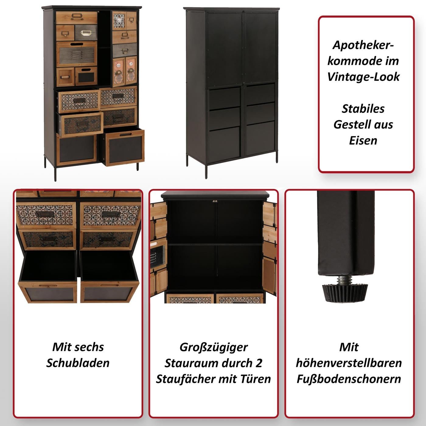 MCW Apothekerschrank MCW-O80 Mit sechs Schubladen, Im Vintage-Look