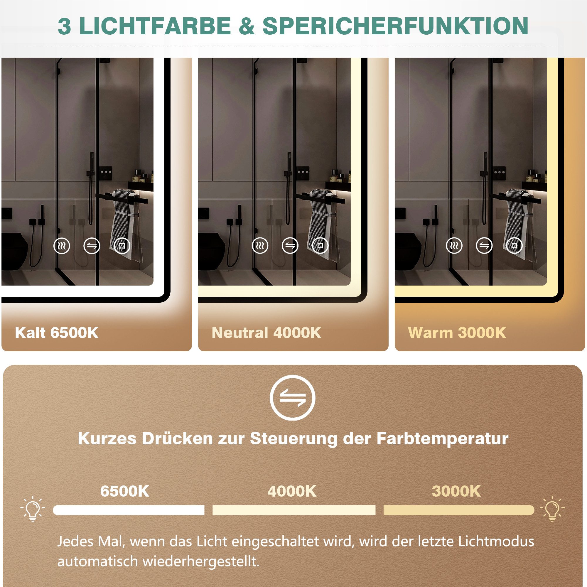 PESENXAN Badspiegel mit Beleuchtung 80 x 60 cm, LED Badezimmerspiegel, Dimmbar (1-St), Antibeschlag & IP44 Wasserdicht, Speicherfunktion – Bild 3 von 5