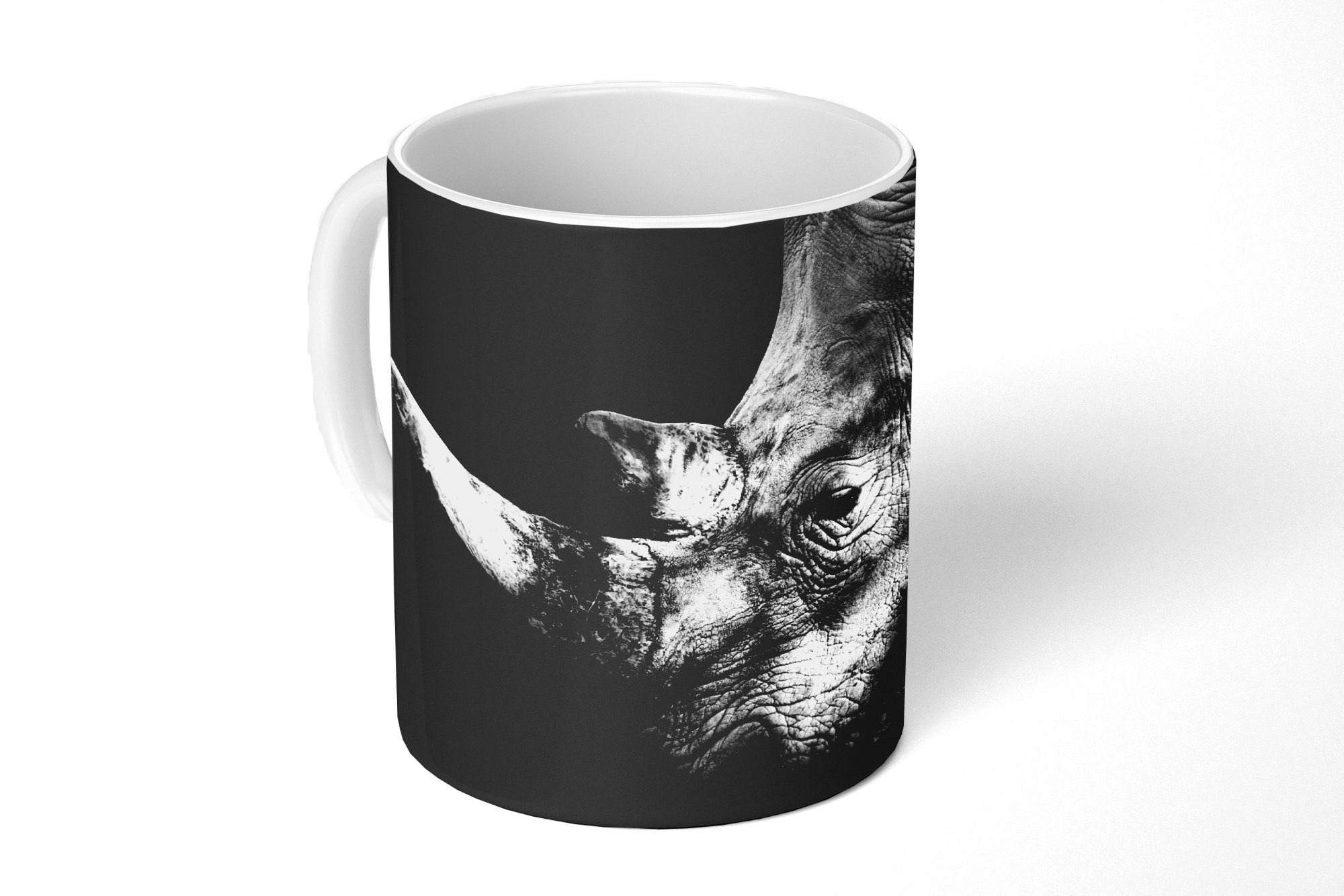 Kaffeetassen, Teetasse, Hintergrund, Tasse Rhinozeros MuchoWow Teetasse, auf schwarzem Geschenk Becher, Keramik,