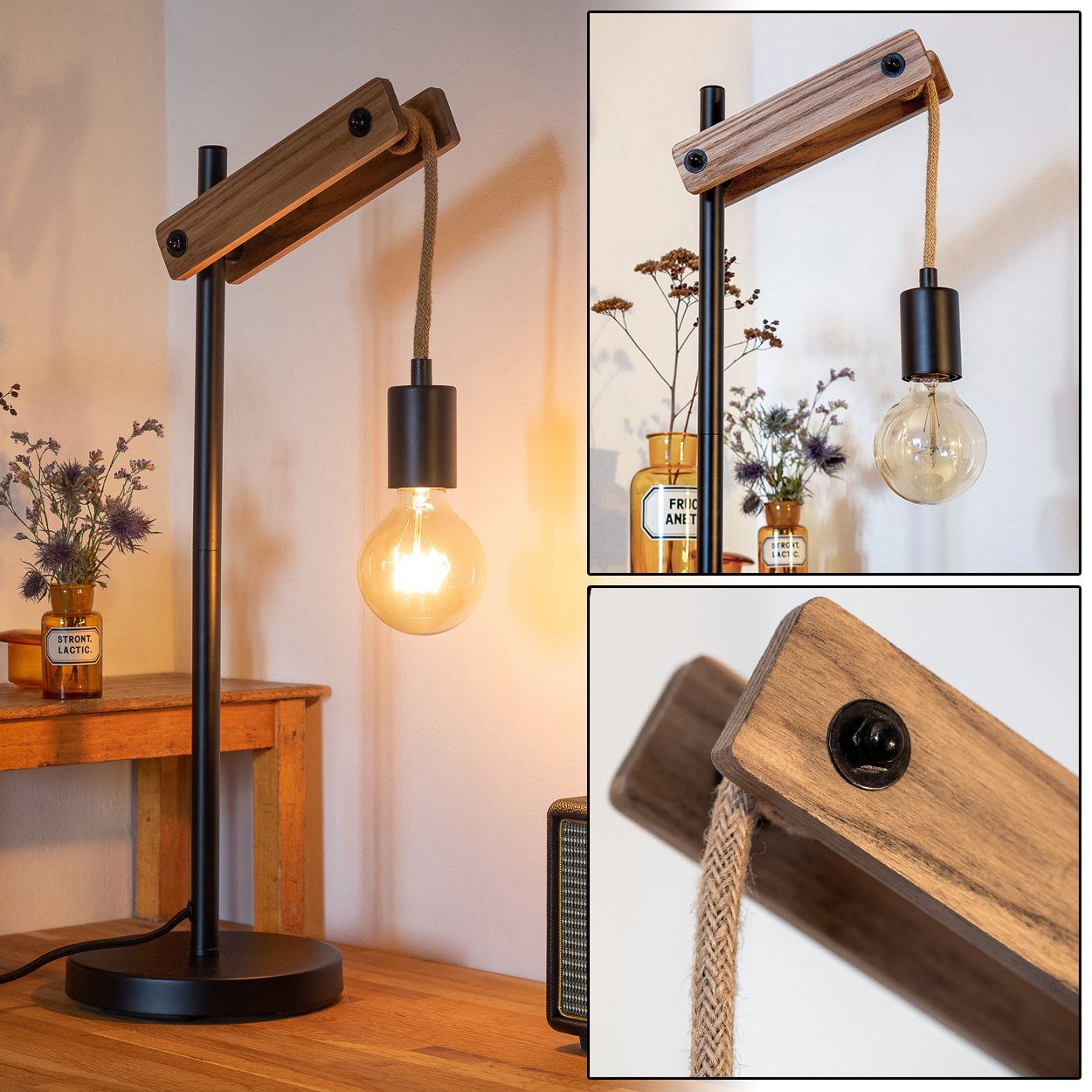 hofstein Tischleuchte »Voceto« verstellbare Tischlampe, Metall/Holz/Hanfseil, Schwarz/Natur, ohne Leuchtmittel, 1xE27, Retro/Vintage Design mit An-/Ausschalter am Kabel