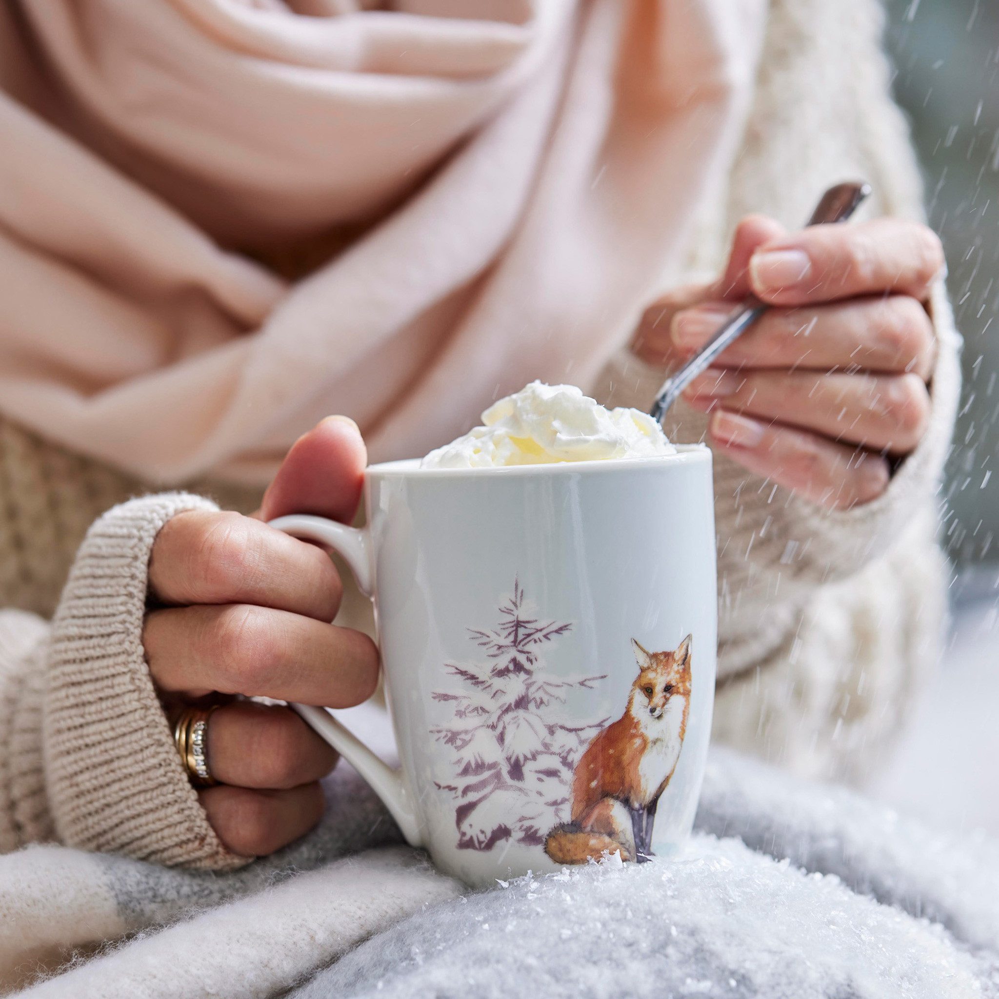 Kaemingk Tasse, Keramik, Tasse Porzellan mit Griff 10,5cm Wintermotiv 340ml Weiß 1 Stück sort.