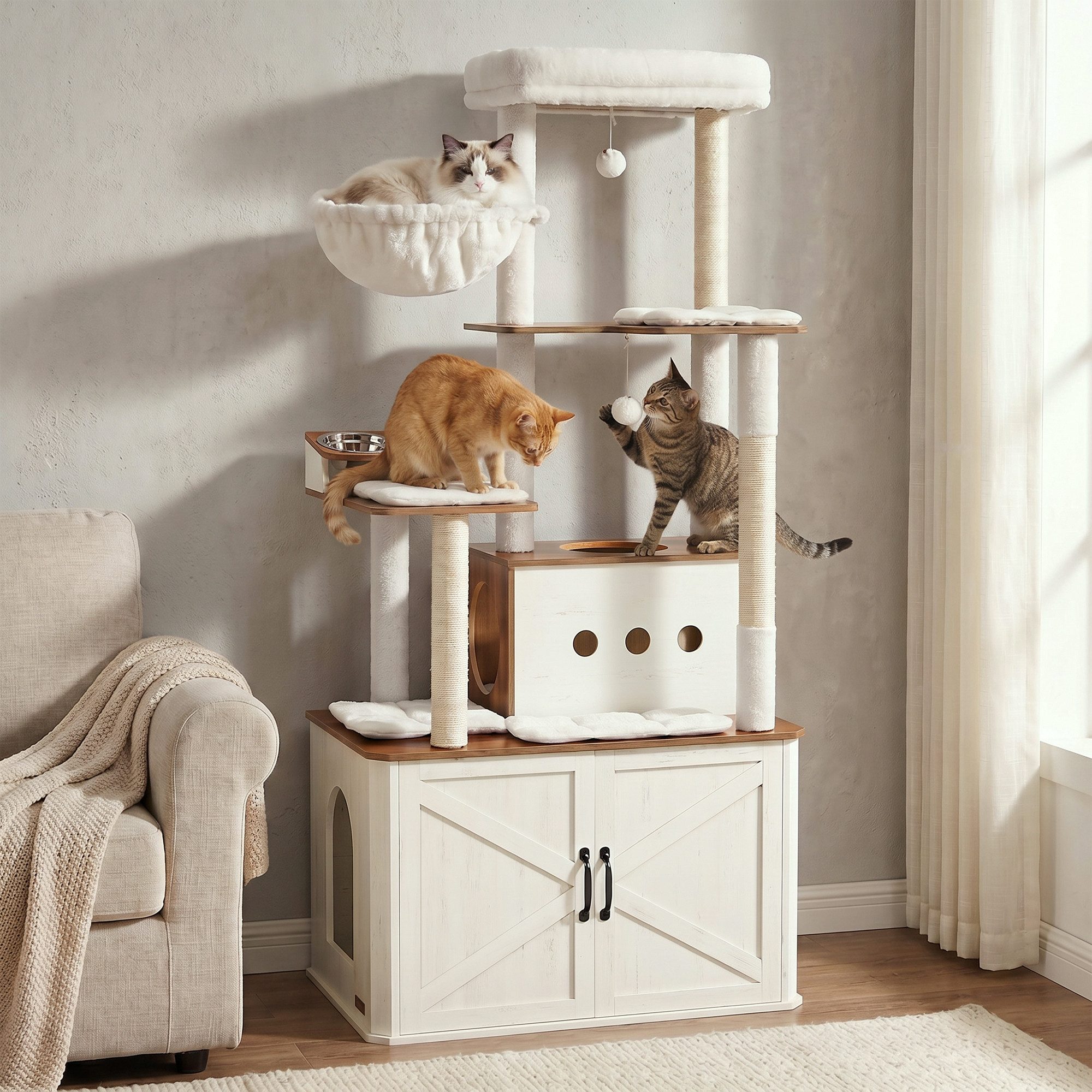 FEANDREA Kratzbaum Katzenklo-Schrank, mehrstöckiger Katzenbaum, große Höhle, Liegemulde, Kratzstämmen, Plüschbälle, 170 cm
