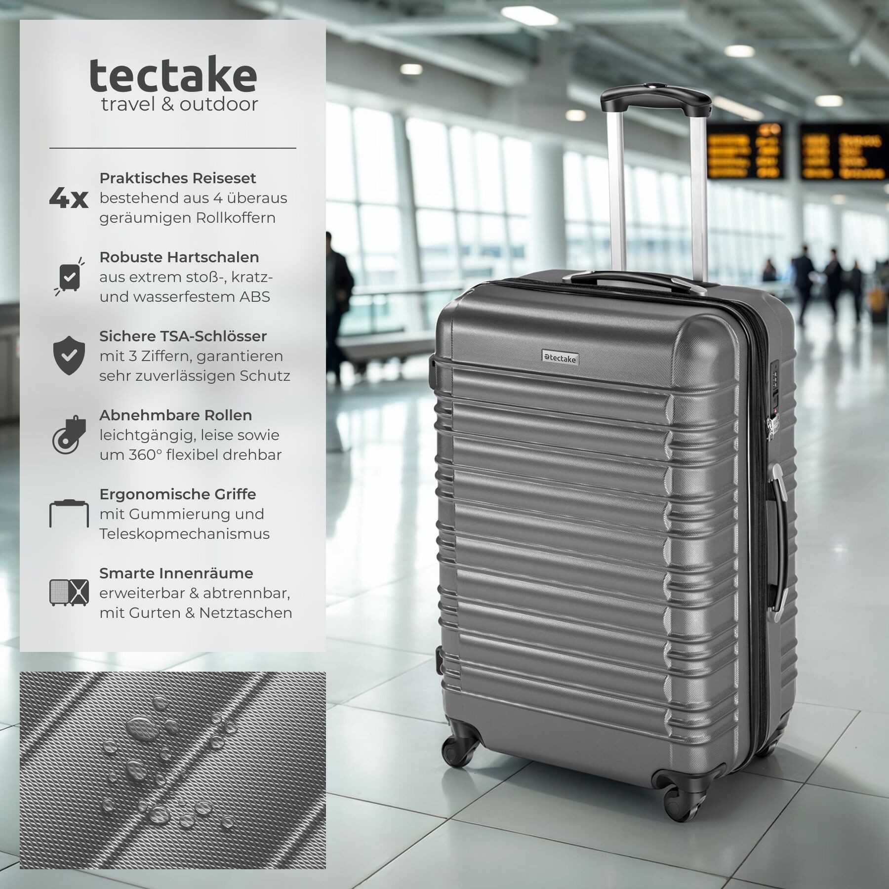 tectake Trolley Hartschalenkoffer-Set aus robustem ABS-Kunststoff, TSA-Zahlenschloss, 4 Rollen, mit Teleskopgriff, 360° drehbare, abnehmbare Rollen, abteilbar
