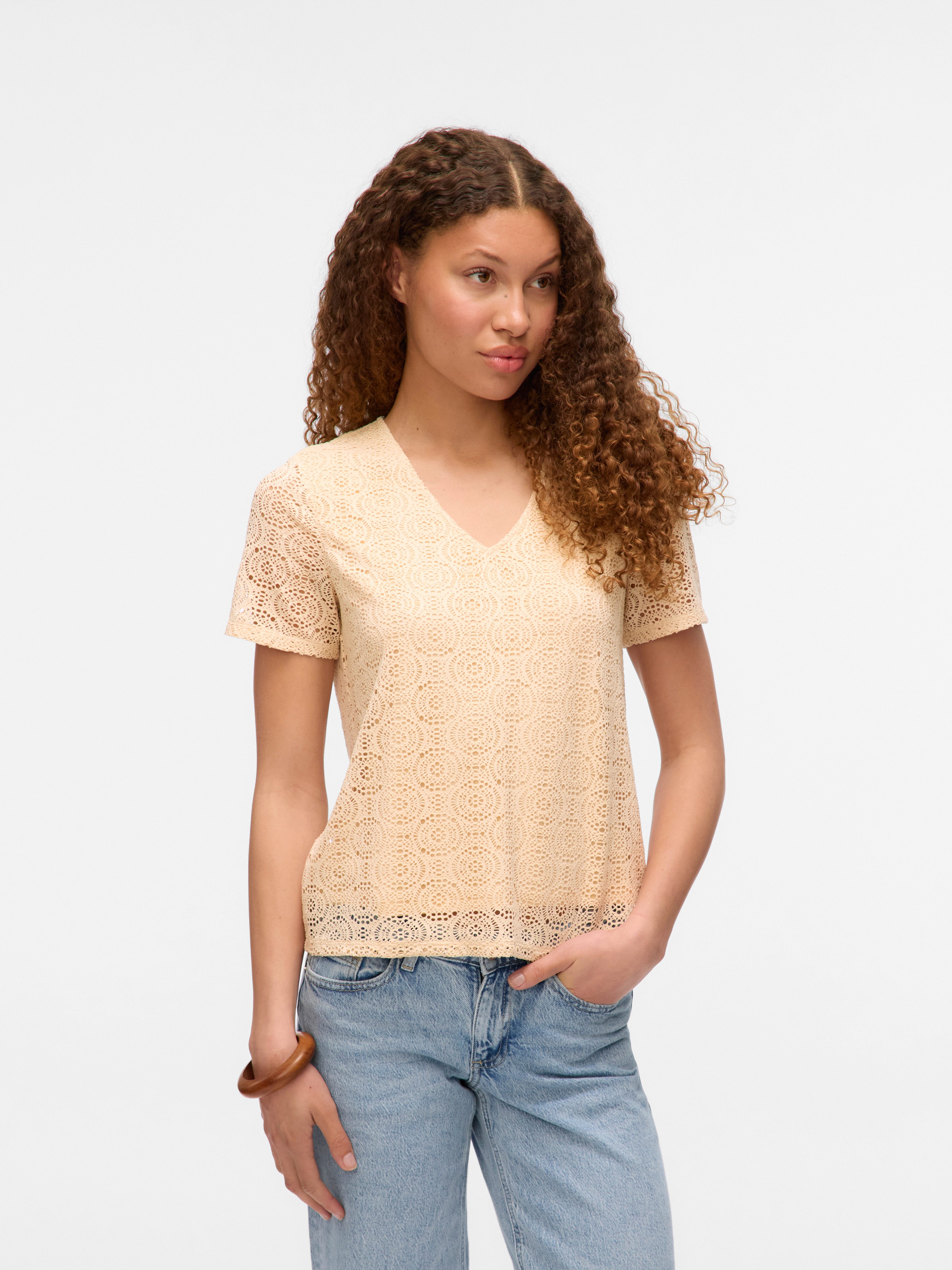 Vero Moda V-Shirt VMMAYA SS V NECK TOP JRS Materialmix, regular fit, Spitze
