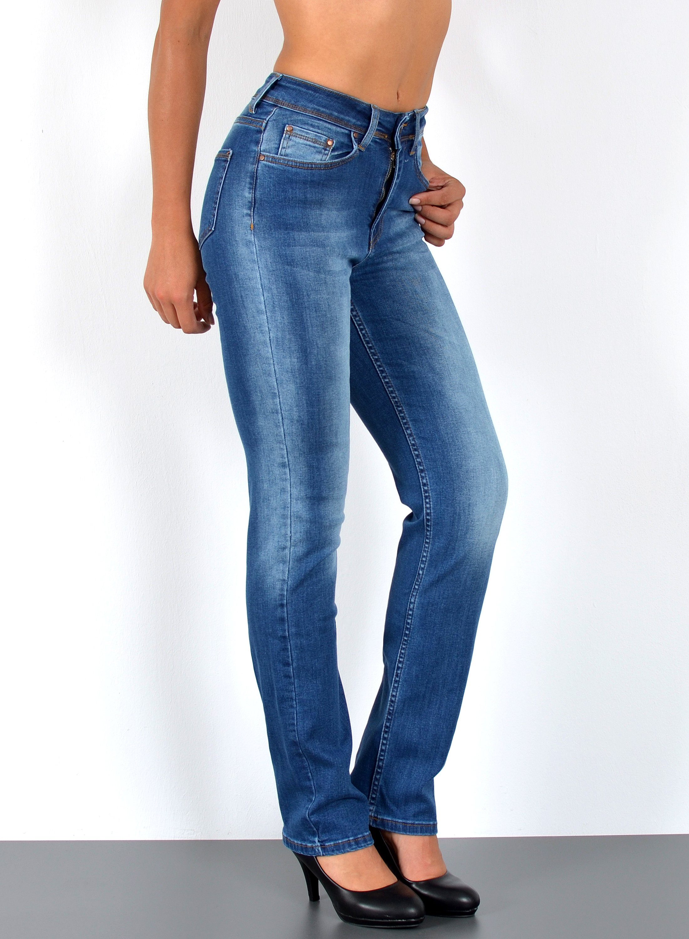 ESRA Straight-Jeans High Waist Straight Fit Jeans Damen Geradeschnitt Hose Straight High Waist Damen Jeans Straight Hose Gerade Schnitt Jeanshose Stretch