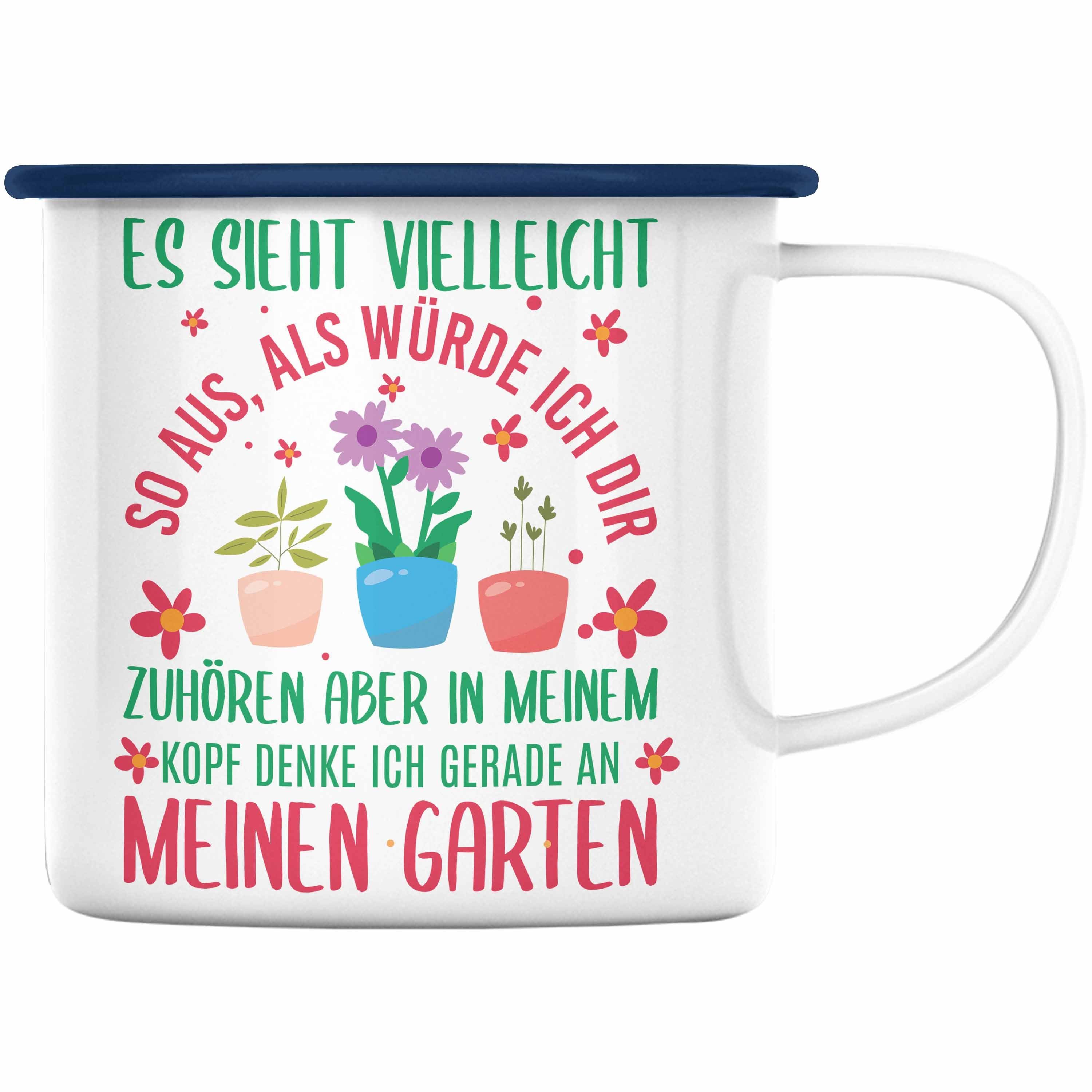 Blau mit Gärtner Thermotasse Spruch Geschenk Trendation Garten - Hobbygärtnerin für Geschenkidee Trendation Gärtnerin Tasse Emaille